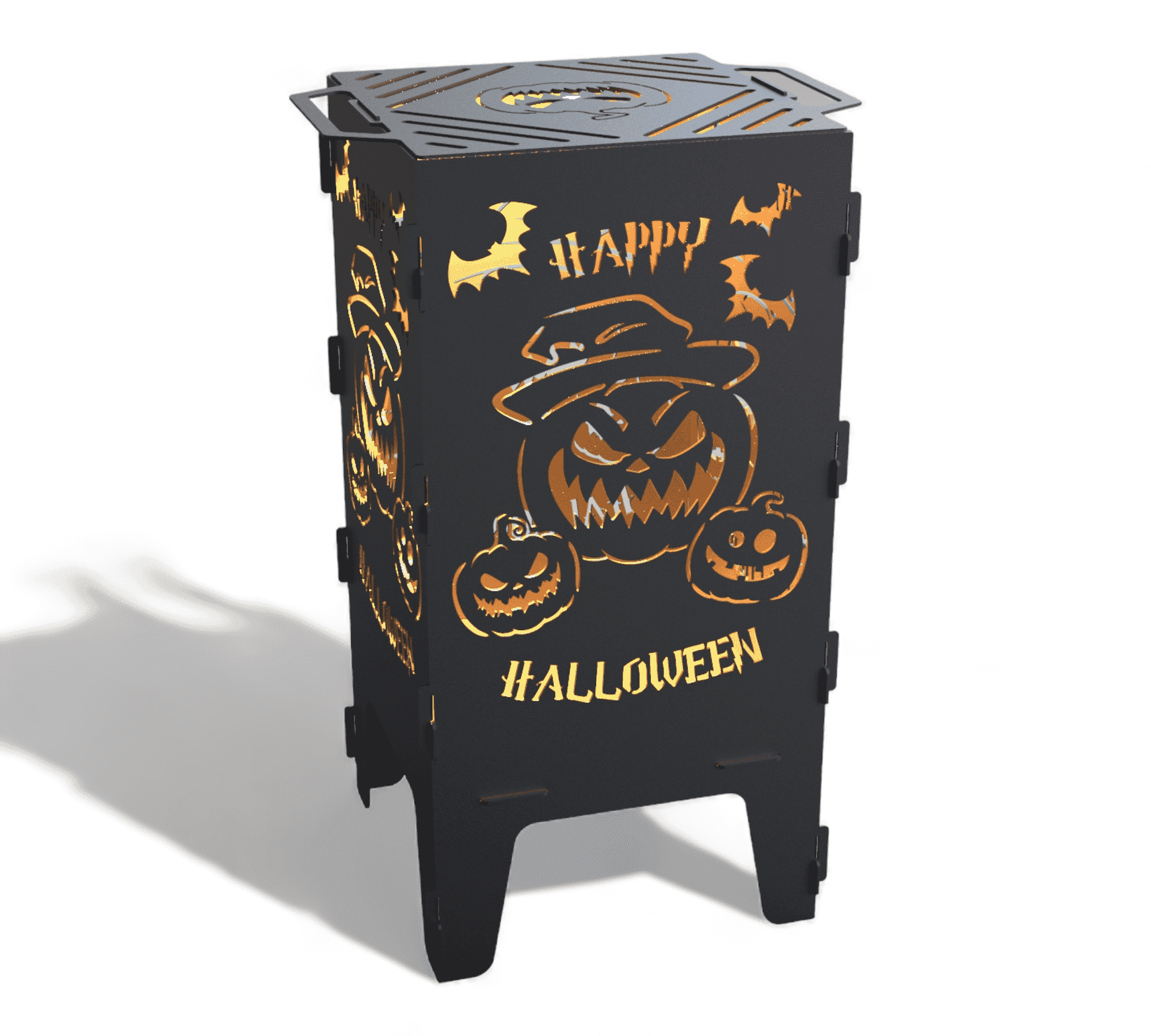 Ein rechteckiger, schwarzer Feuerkorb mit Grillrost, ausgeschnittenem Halloween-Motiv: Kürbisse, Fledermäuse, „Happy Halloween“-Schriftzug.