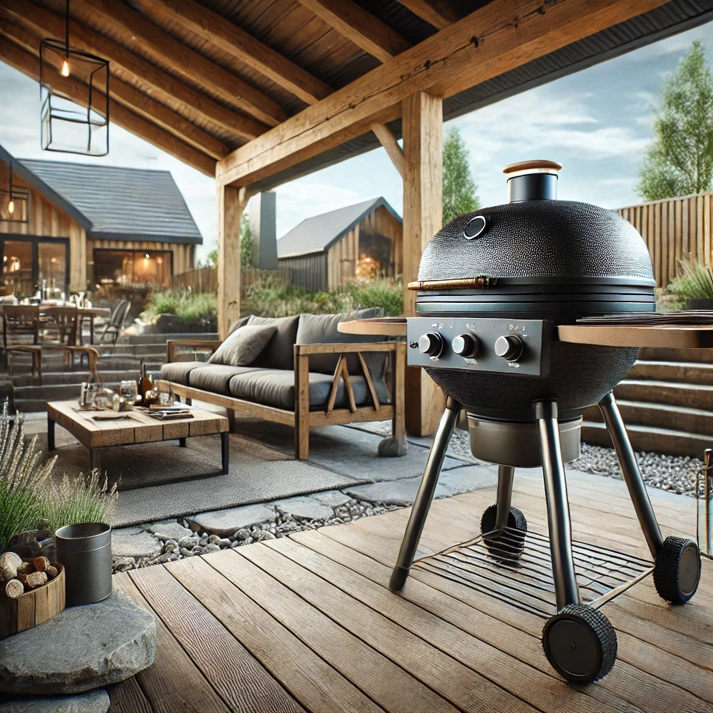 Hochwertige Grillstation mit mattem Metallgrill, funktionalem Zubehör und stilvoller Terrasse. Perfekt für Outdoor-Kochen mit langlebigem Design und moderner Gartengestaltung.
