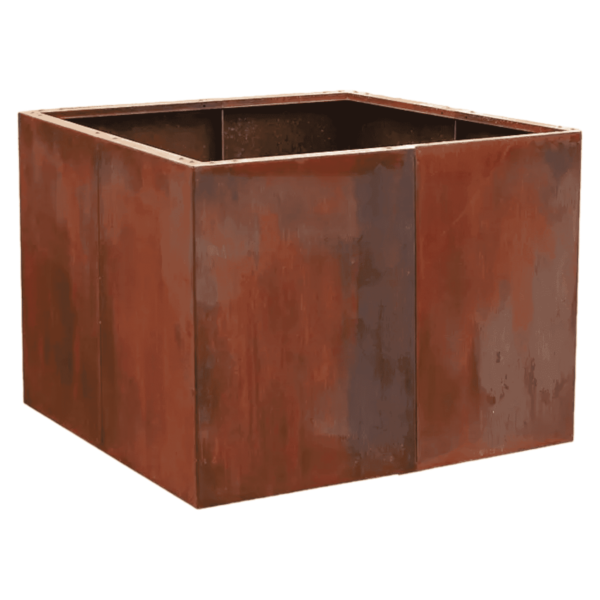 Ein großes, quadratisches Hochbeet aus Edelrost ist zu sehen. Die Metalloberfläche wirkt rau und rostfarben, die Ecken sind sauber verarbeitet.