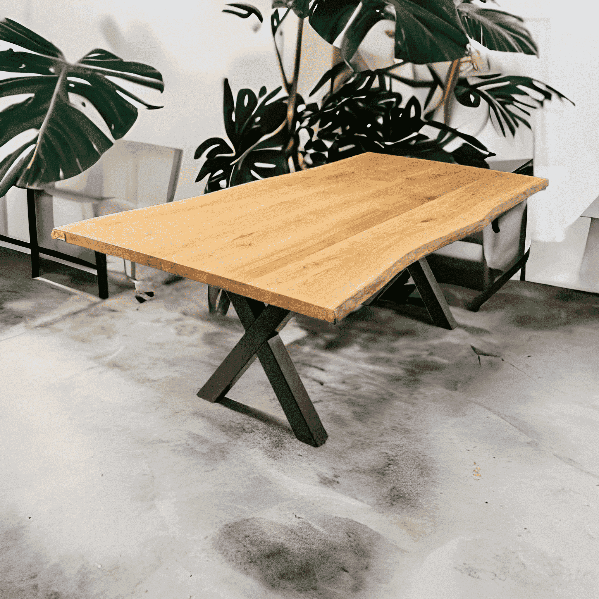Ein Holztisch mit naturbelassener Kante und X-förmigem, massivem Metallgestell steht auf einem hellen Boden. Im Hintergrund große grüne Monstera-Pflanzen und teilweise sichtbare Stühle ergänzen die Szene.