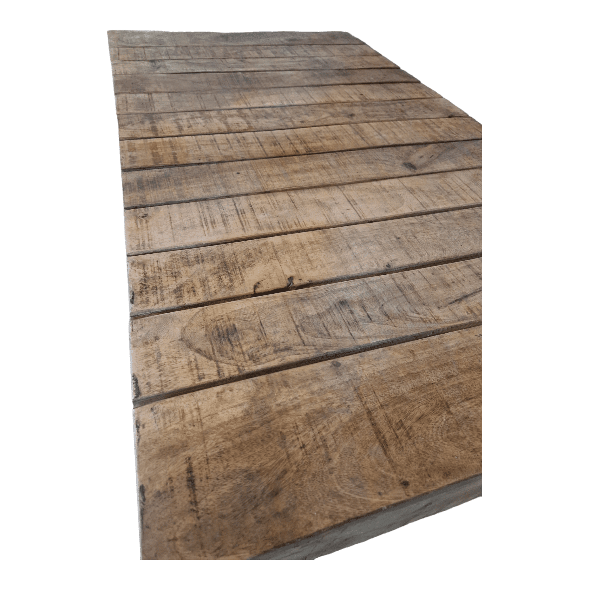 Auf dem Bild ist eine rechteckige Holzfläche zu sehen, bestehend aus mehreren nebeneinanderliegenden, länglichen Holzbrettern mit sichtbarer Maserung und natürlichen Abnutzungsspuren. Die Oberfläche wirkt rustikal und unbehandelt, mit hellbraunen bis mittelbraunen Tönen. Sonstige Objekte oder Dekorationen sind nicht sichtbar.