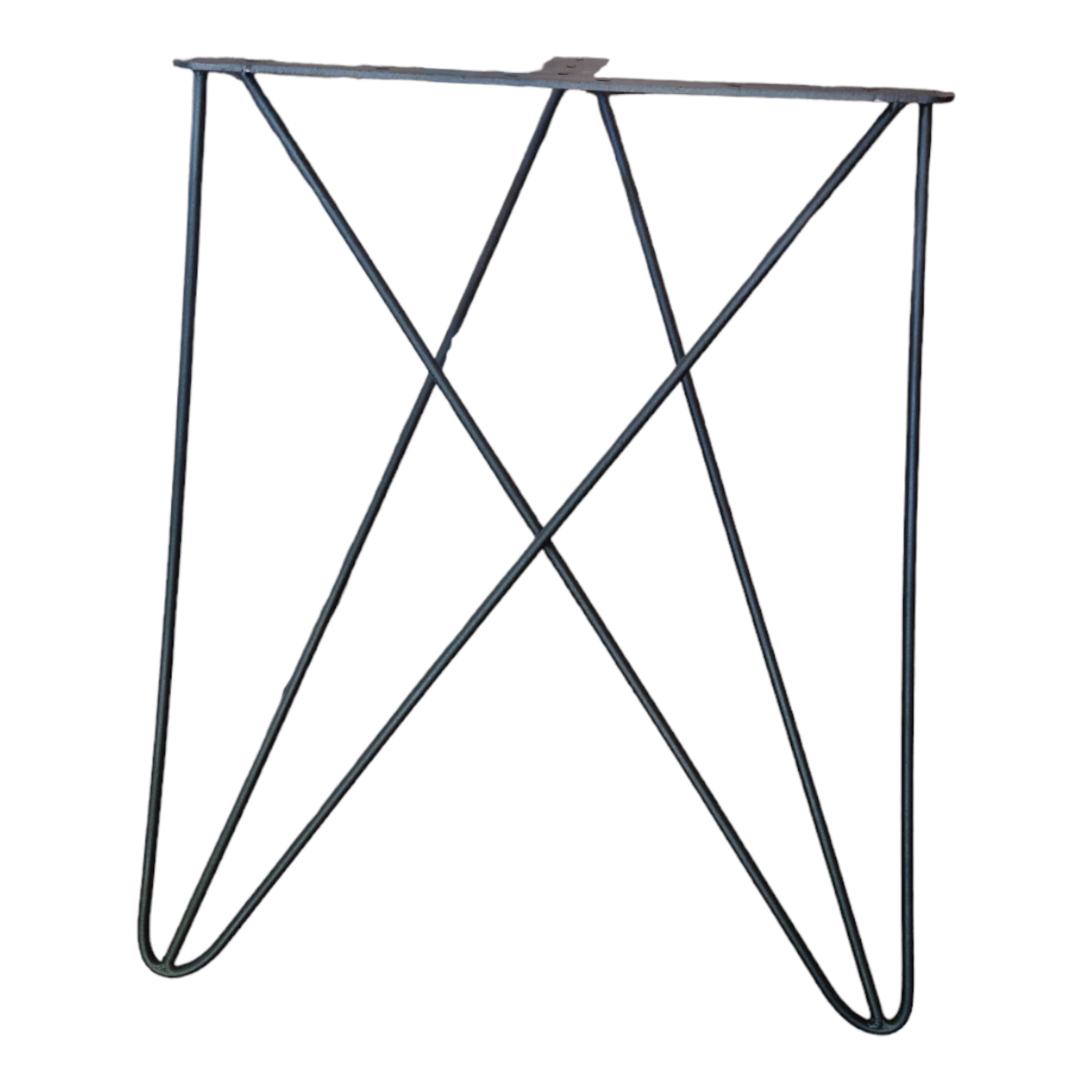 Ein einzelnes Tischbein aus schwarzem Metall im Hairpin-Design, mit drei schlanken, gebogenen Streben und überkreuzten Elementen.