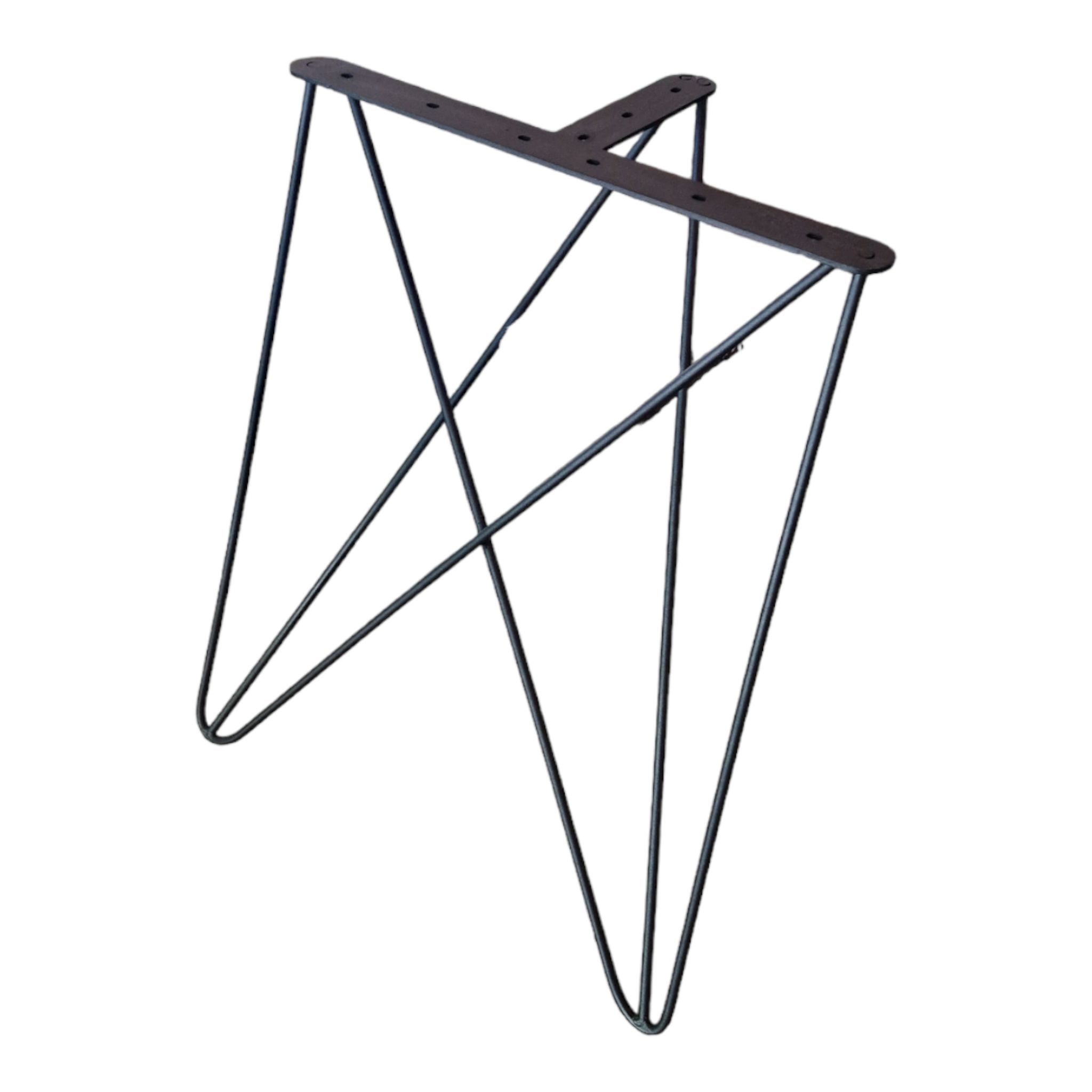 Zu sehen ist ein Tischbein aus schwarzem, stabilem Metall in klassischem Hairpin-Design mit zwei abgerundeten Drahtstreben und einer oberen Befestigungsplatte mit Schraublöchern. Die Streben verlaufen schräg nach unten und bilden eine elegante, moderne Form.