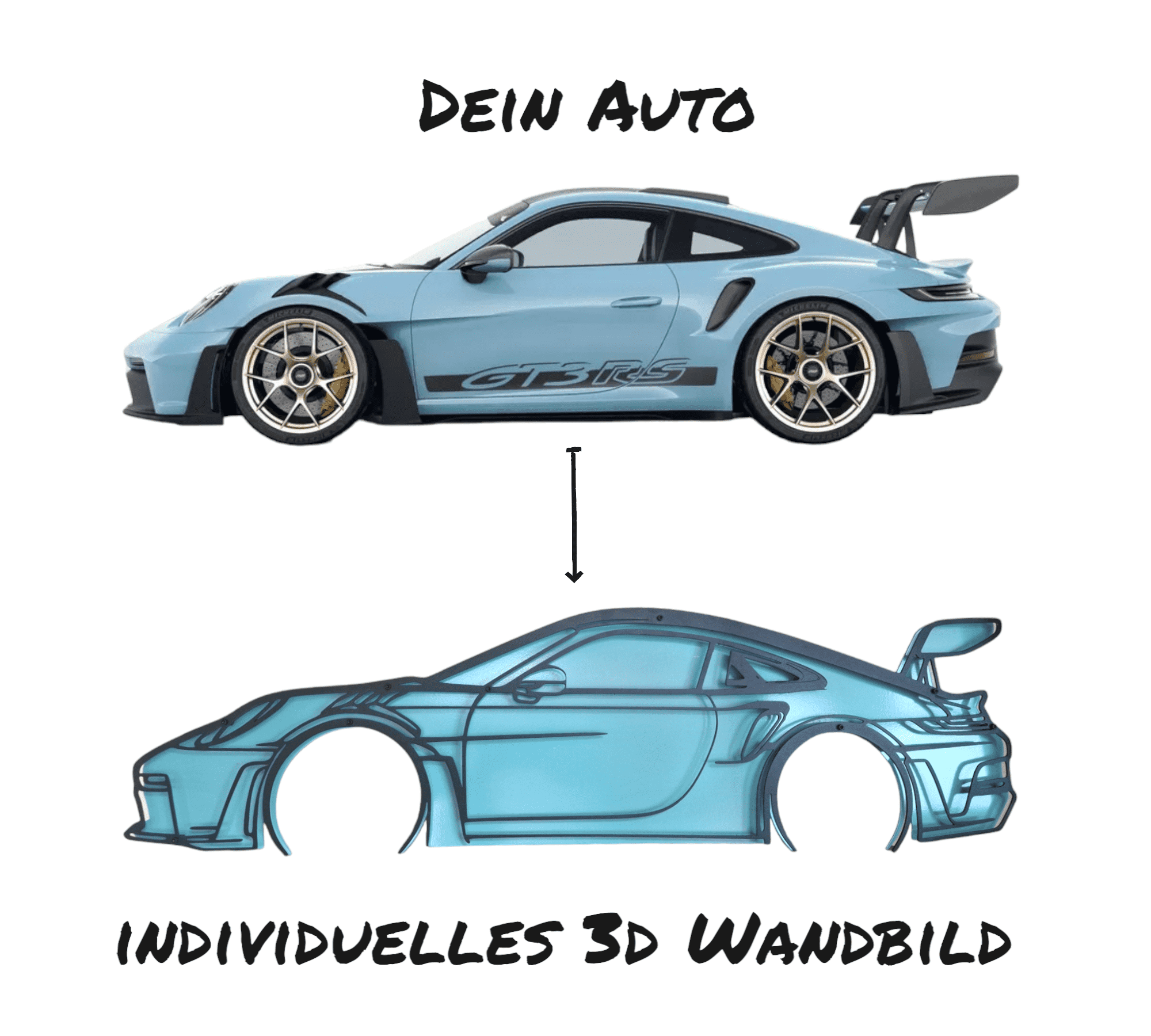 Oben ein blauer Sportwagen von der Seite, unten eine stilisierte 3D Wandbild-Silhouette desselben Autos, verbunden durch einen Pfeil.