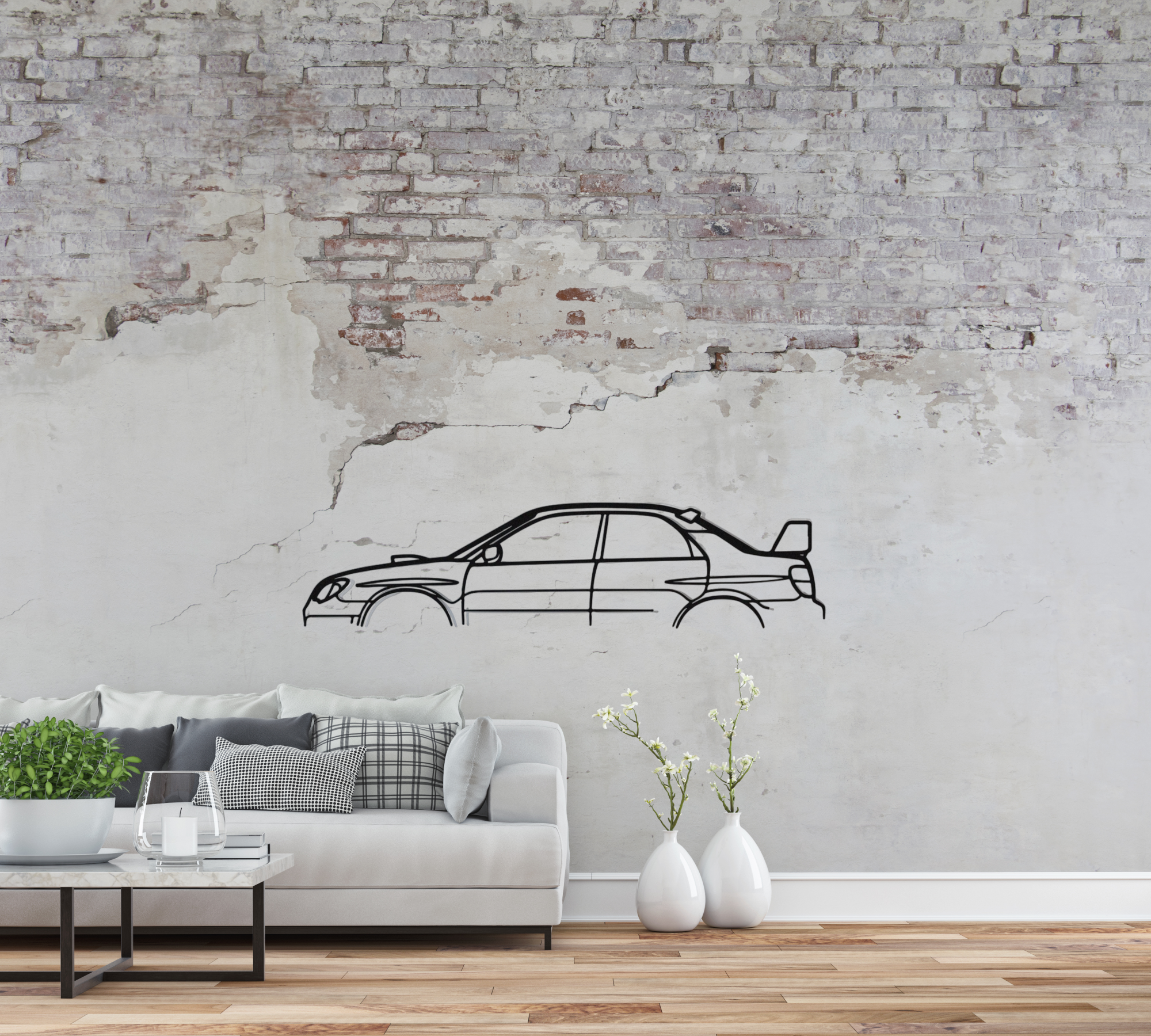 Subaru WRX STI Hawk Eye Wandbild - Detaillierte Metallsilhouette