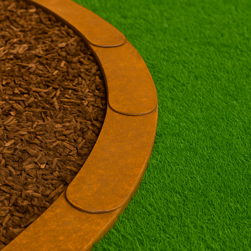 VELTTURA Rasenkante aus Edelrost – flexibel formbare Gartenkante als elegante Trennung zwischen Rasen und Beet mit Rindenmulch
