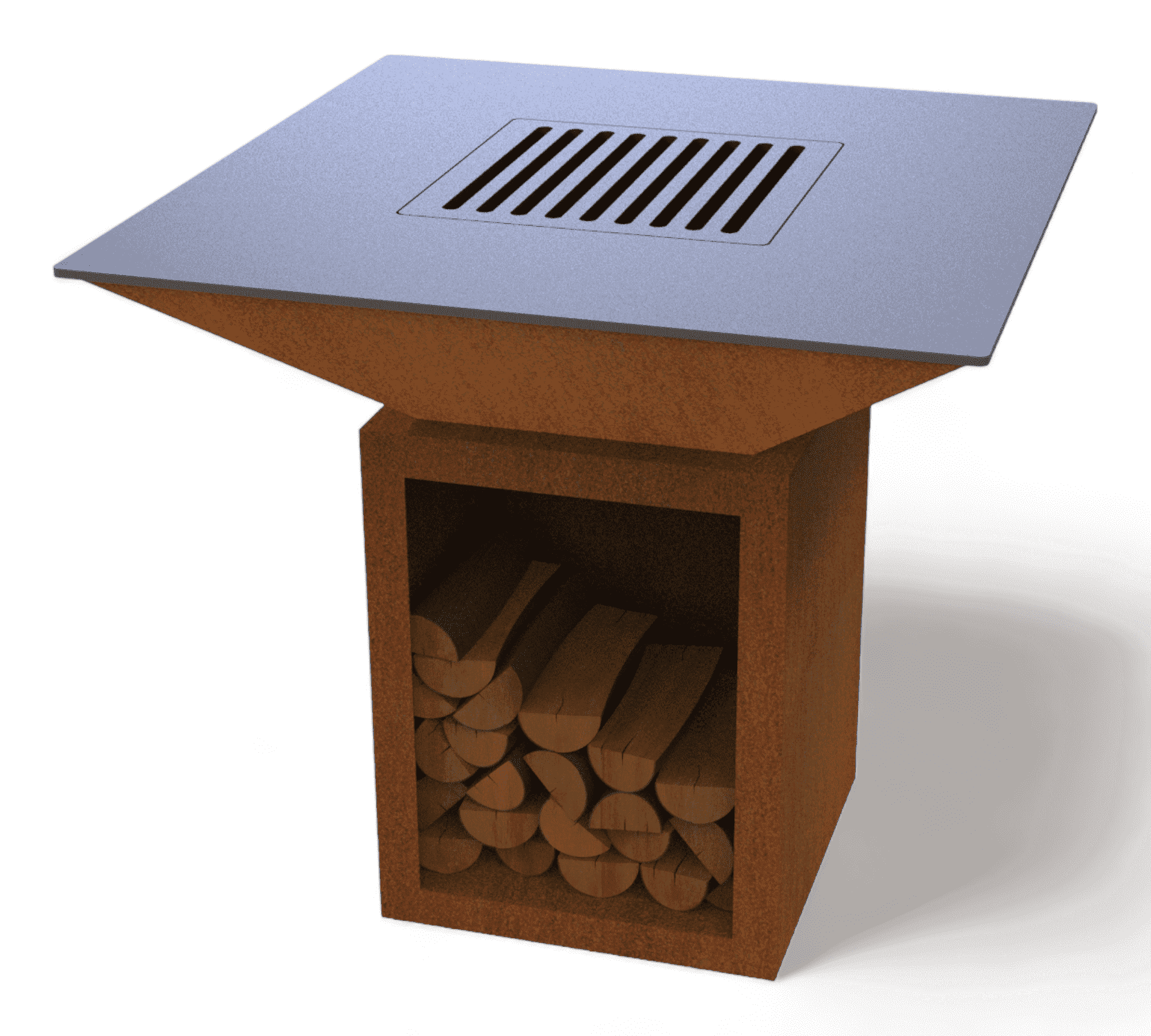 Feuerstelle quadratisch mit Plancha und Holzlager – Perfekte Kombination aus Grill und Feuerstelle