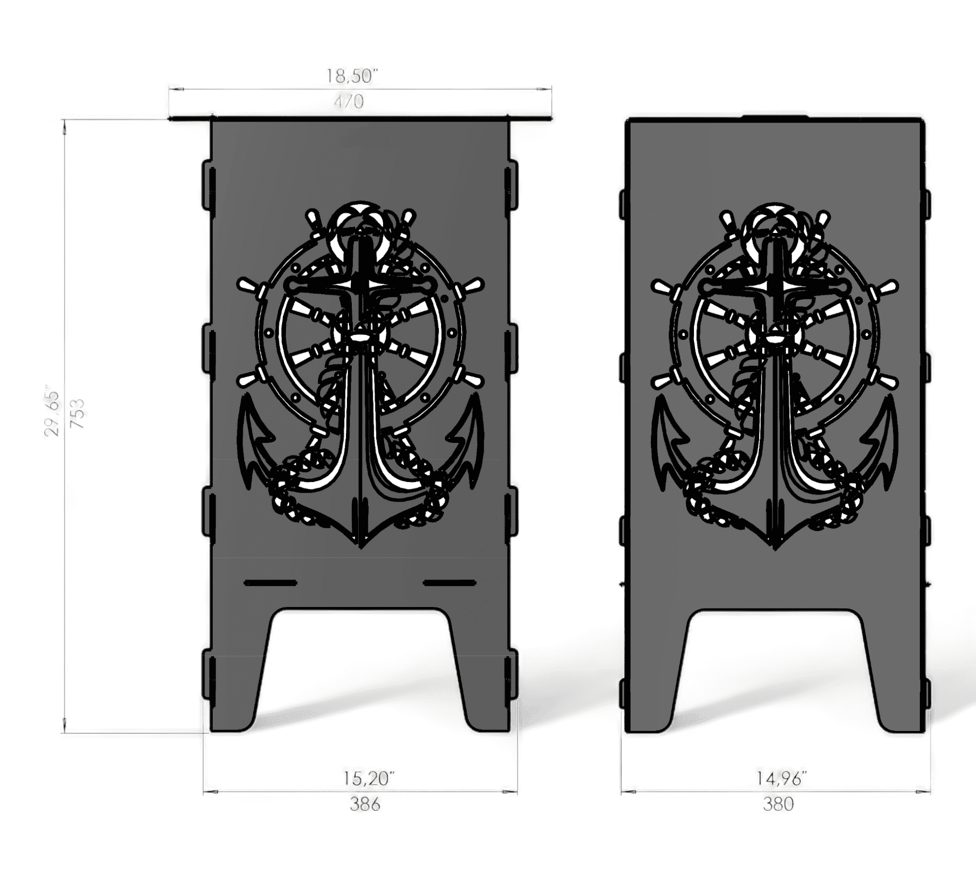 Zwei rechteckige Metallplatten mit dekorativ ausgestanztem Anker- und Steuerrad-Motiv, Maße und technische Zeichnung sichtbar.