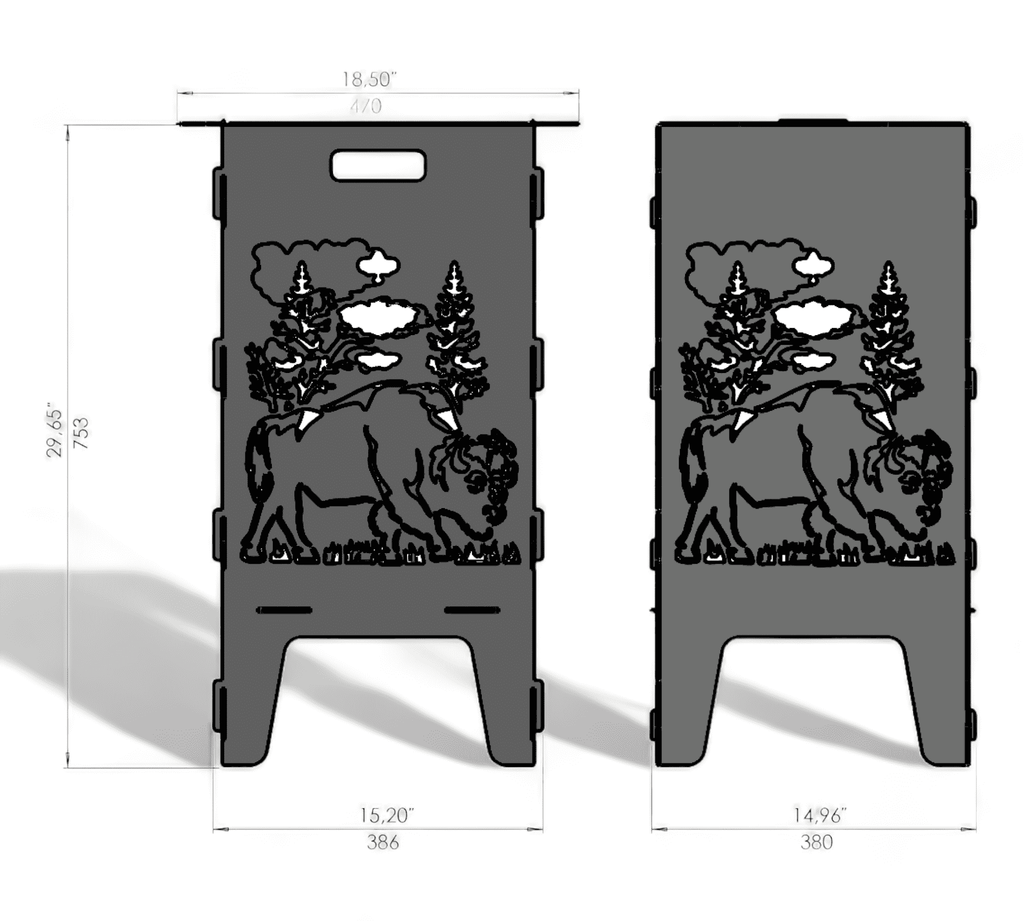 Das Bild zeigt zwei rechteckige Metallplatten mit ausgestanztem Bison-Motiv. Im oberen Bereich sind Tannenbäume, Wolken und Berge dargestellt. Die Platten stehen aufrecht und haben je einen rechteckigen Griff oben. Maße sind in Zoll und Millimeter angegeben. Die linke Platte misst etwa 18,50 Zoll breit und 29,65 Zoll hoch, während die rechte Platte etwas schmaler ist. Die unteren Bereiche der Platten sind ausgeschnitten, wahrscheinlich um als Füße Stabilität zu geben.