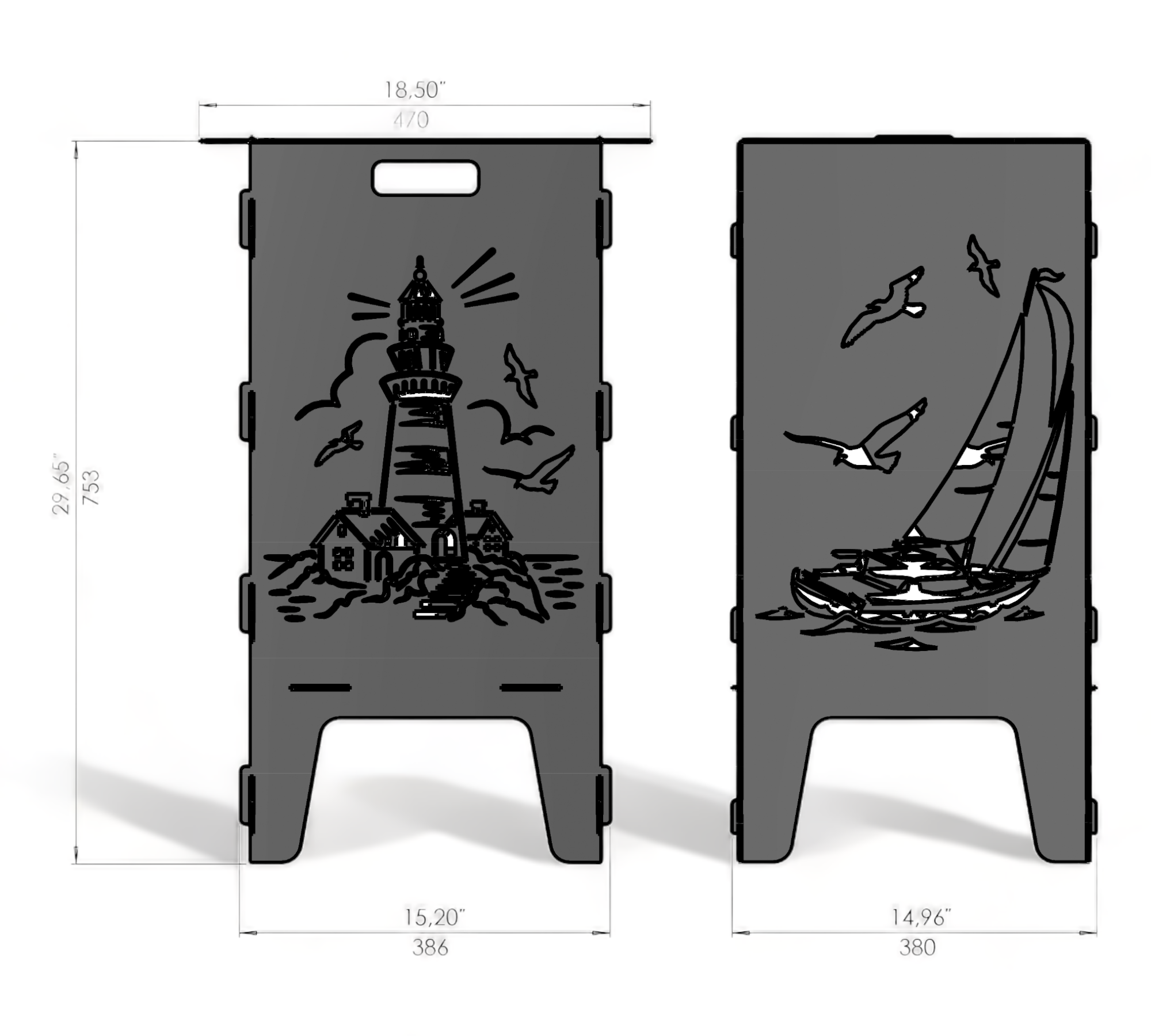 Feuertonne mit Grillrost - Leuchtturm & Segelboot Motiv