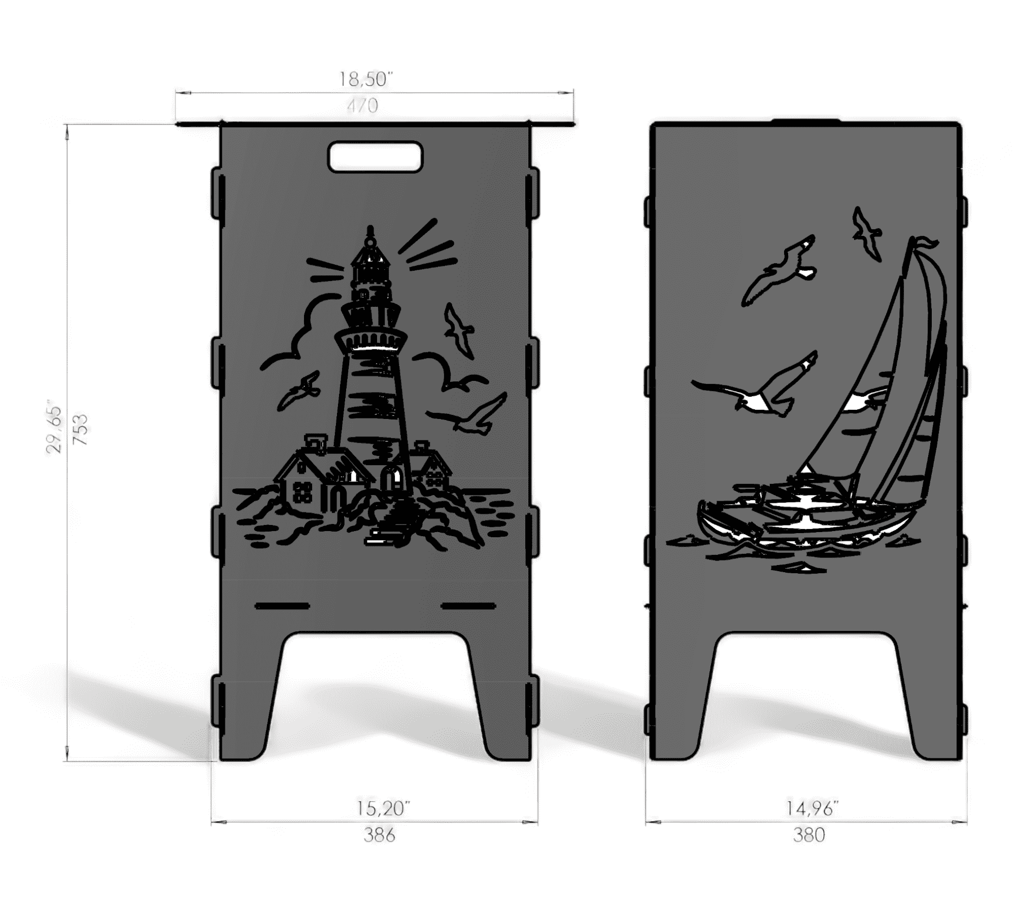 Links ist eine rechteckige Metallplatte mit einem ausgeschnittenen Motiv eines Leuchtturms, umliegenden Häusern, Möwen und Meer. Rechts sieht man eine ähnliche Platte mit einem ausgeschnittenen Segelboot auf dem Wasser, ebenfalls mit fliegenden Möwen. Beide Platten haben oben ein rechteckiges Griffloch und stehen senkrecht. Im Hintergrund sind Maße in Zoll und Millimetern angegeben.