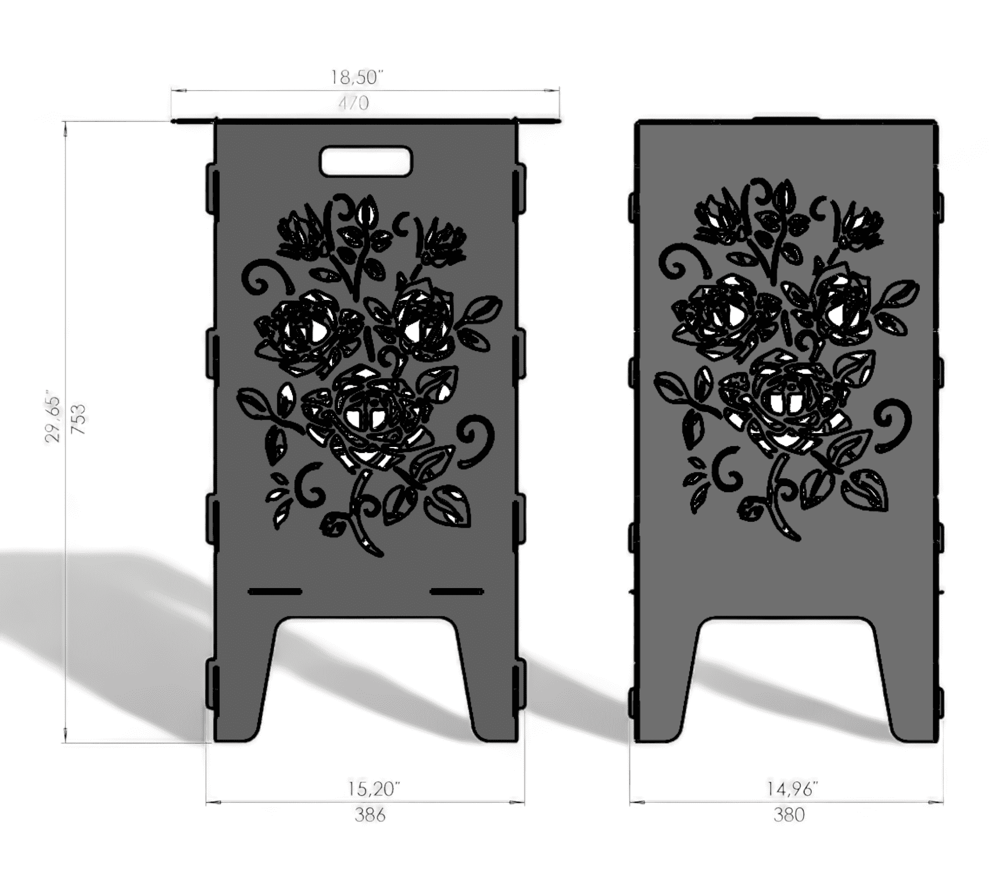 Zwei rechteckige Metallplatten mit ausgestanztem Rosenmotiv, Blättern und Ranken; Maße und Griffe oben erkennbar.
