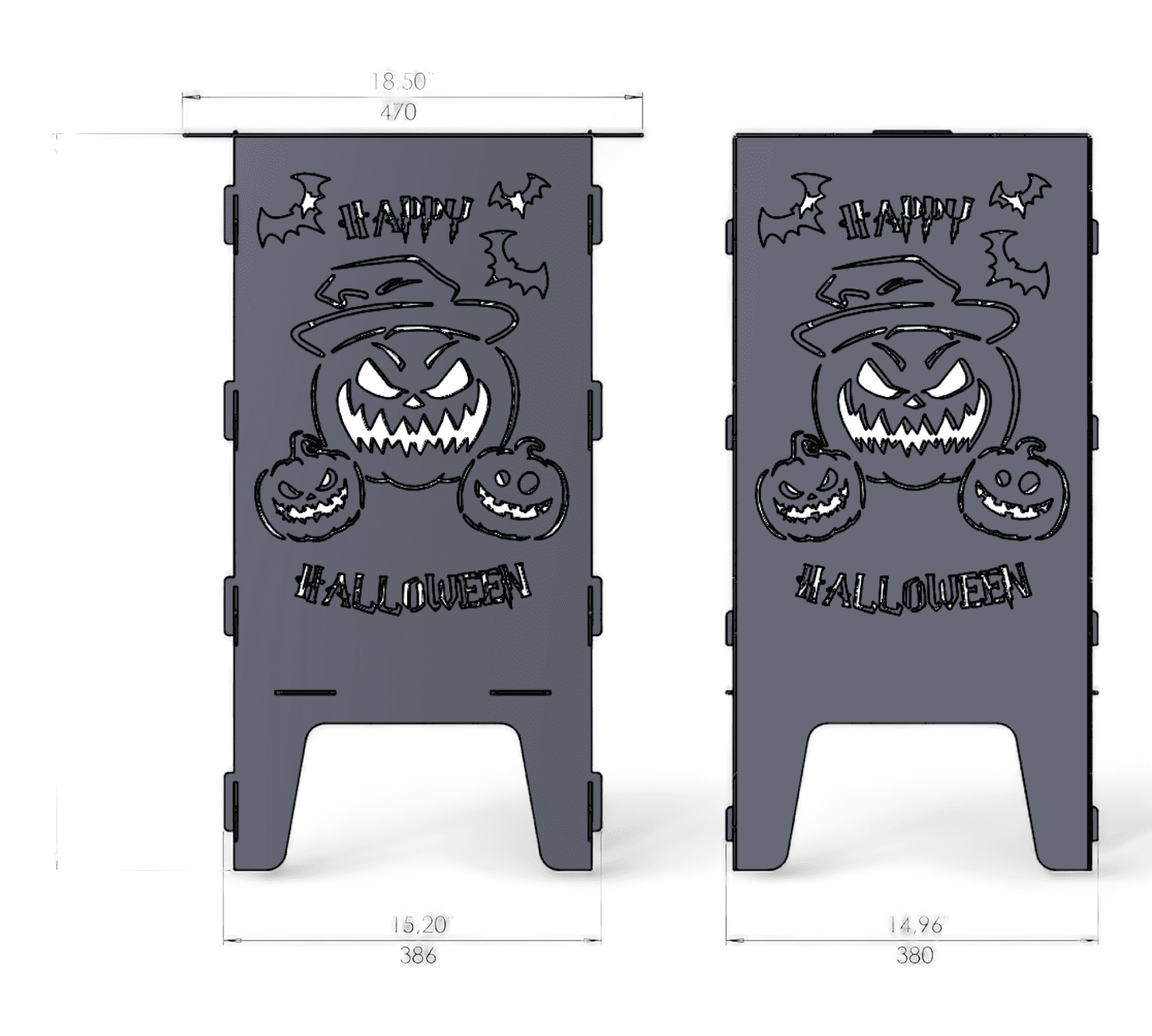Zu sehen sind zwei rechteckige Metallplatten mit ausgestanztem Halloween-Motiv: ein großer, grimmig schauender Kürbis mit Hexenhut in der Mitte, daneben zwei kleinere Kürbisse mit Gesichtern, darüber und daneben mehrere fliegende Fledermäuse, oben der Schriftzug "Happy" und unten "Halloween". Unterer Bereich der Platten hat ausgeschnittene Standfüße. Im oberen Bereich sind technische Maßeingaben zu erkennen.