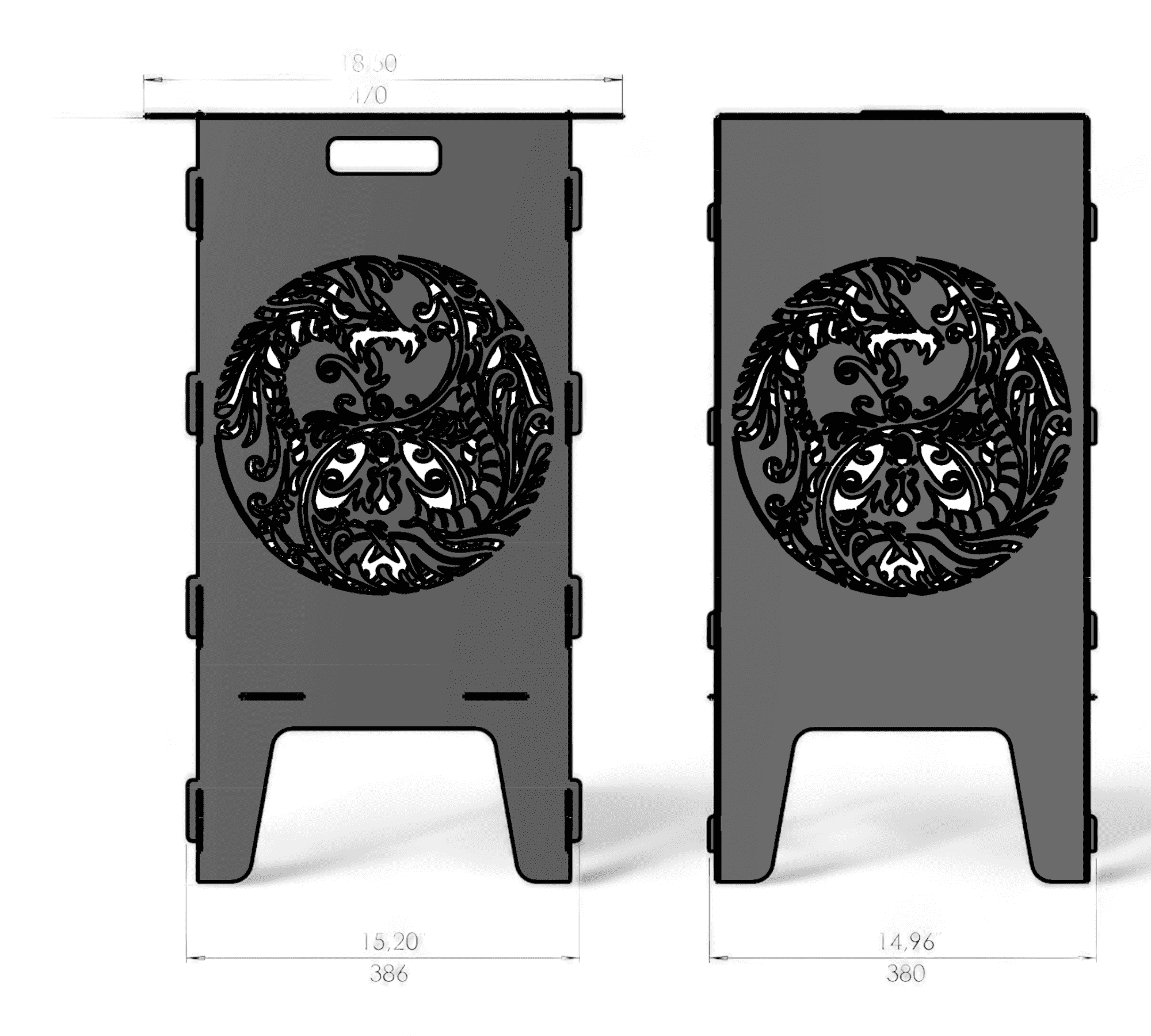 Zwei Seitenansichten einer rechteckigen Feuertonne aus Metall mit eingraviertem, detailliertem Yin-Yang-Motiv in der Mitte. Die Oberseite hat einen rechteckigen Griff, und unten befinden sich vier Füße. Das Yin-Yang-Motiv ist mit floralen und geschwungenen Mustern künstlerisch verziert. Seitlich sind Einlassungen zur Montage oder Befestigung sichtbar. Im Hintergrund sind Maßeinheiten in Millimetern angegeben.