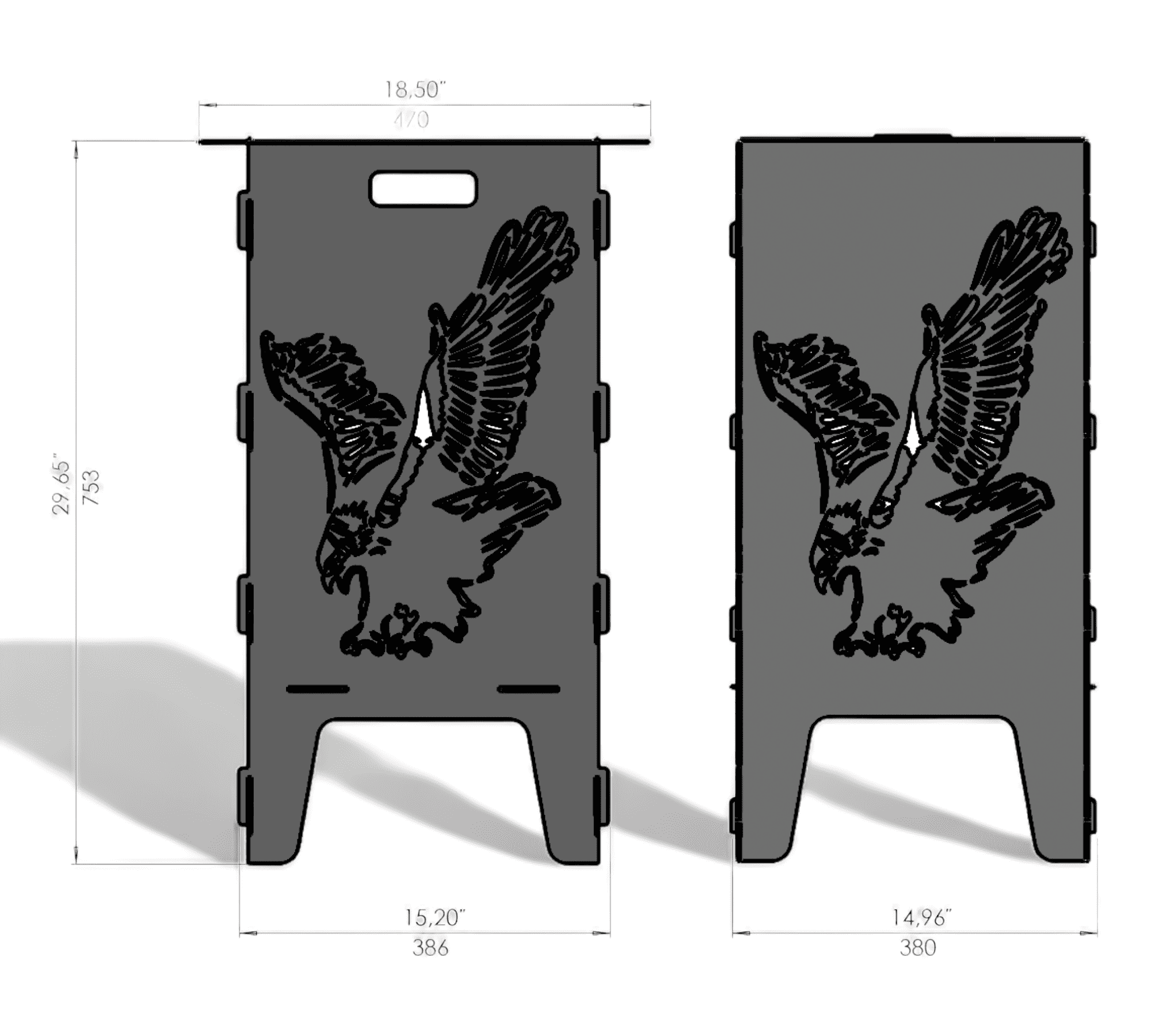Zwei rechteckige Metallplatten mit ausgestanztem Adler-Motiv und Grifföffnung, Maße und Schattenwurf sind sichtbar.