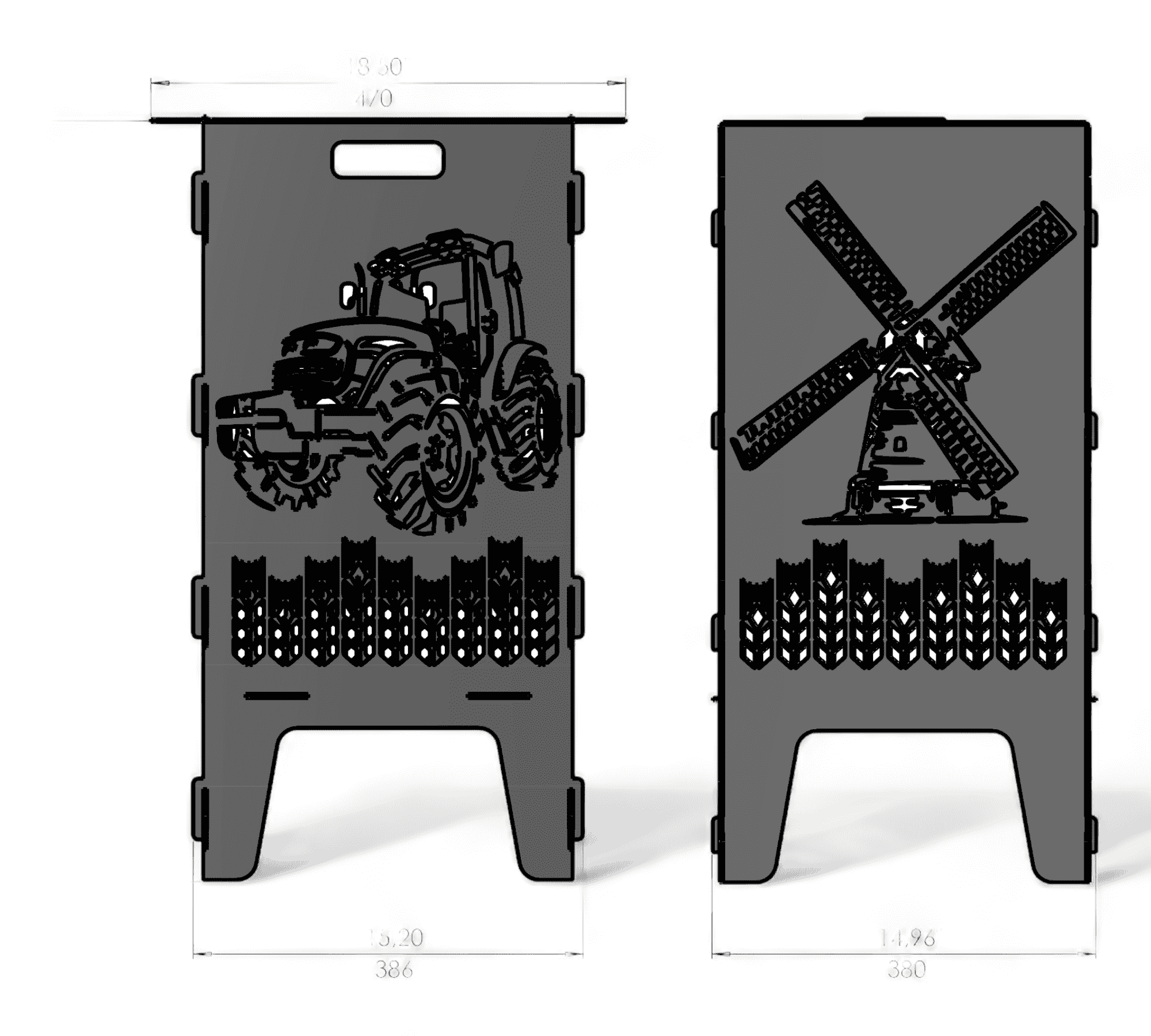 Das Bild zeigt zwei rechteckige Metallplatten, jeweils mit ausgestanzten Motiven. Links ist ein großer Traktor dargestellt, darunter ein Muster aus Ähren oder Getreidehalmen. Rechts befindet sich eine traditionelle Windmühle mit vier Flügeln, ebenfalls mit dem gleichen Ährenmuster unten. Beide Platten haben oben eine rechteckige Öffnung als Griff und stehen auf vier ausgestellten Füßen. Auf dem Bild sind Maße für Höhe und Breite zu sehen.