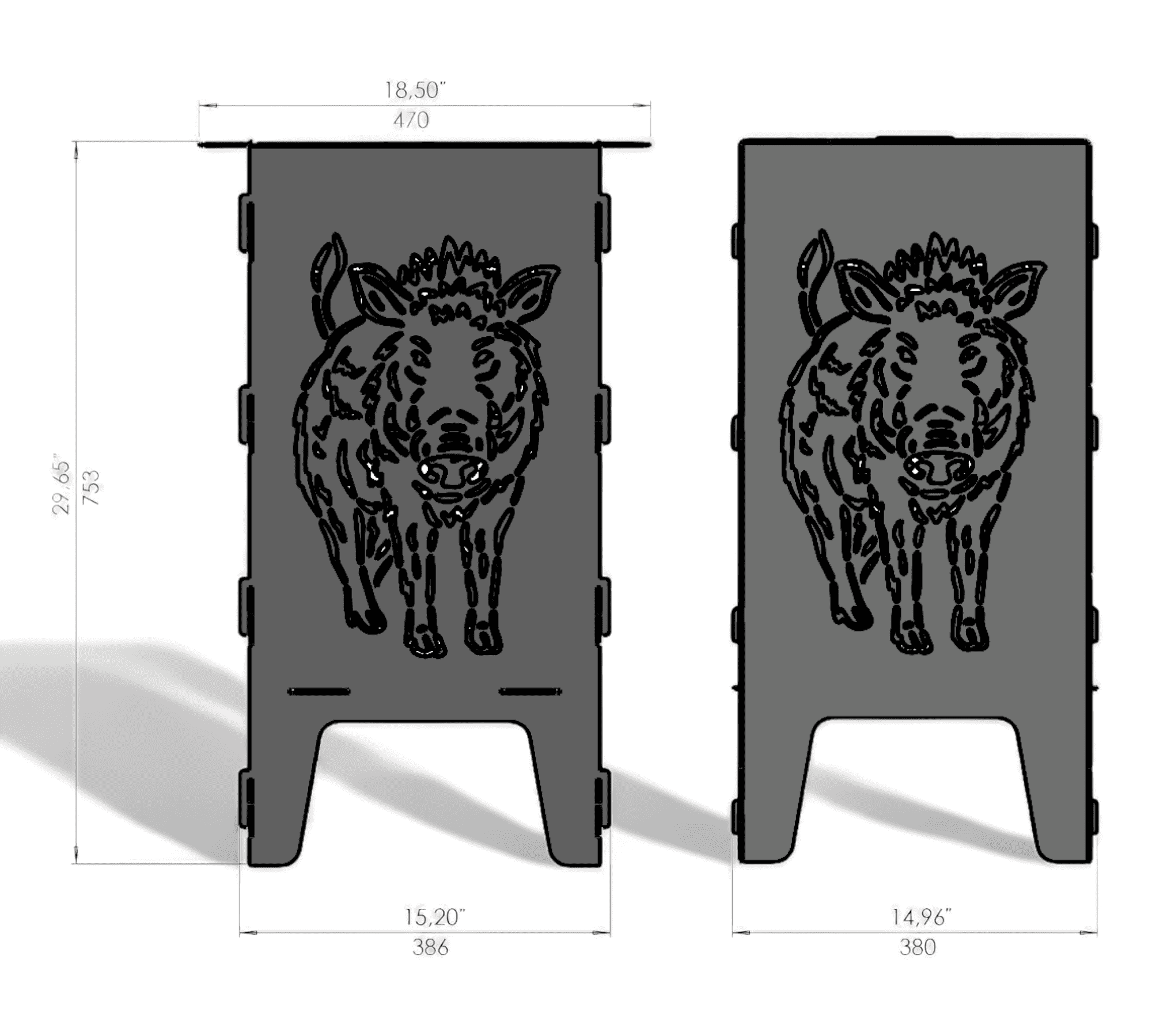 Das Bild zeigt zwei rechteckige Metallplatten, beide mit einem ausgeschnittenen Wildschwein-Motiv in der Mitte. Die Platten stehen nebeneinander im Hochformat. Über und unter dem Motiv befinden sich rechteckige Steckverbindungen. Neben den Platten sind Maße in Zoll und Millimeter angegeben: Höhe etwa 75,3 cm, Breite der linken Platte ca. 47 cm, der rechten ca. 38 cm. Beide Platten haben am unteren Rand einen ausgestanzten Bereich.