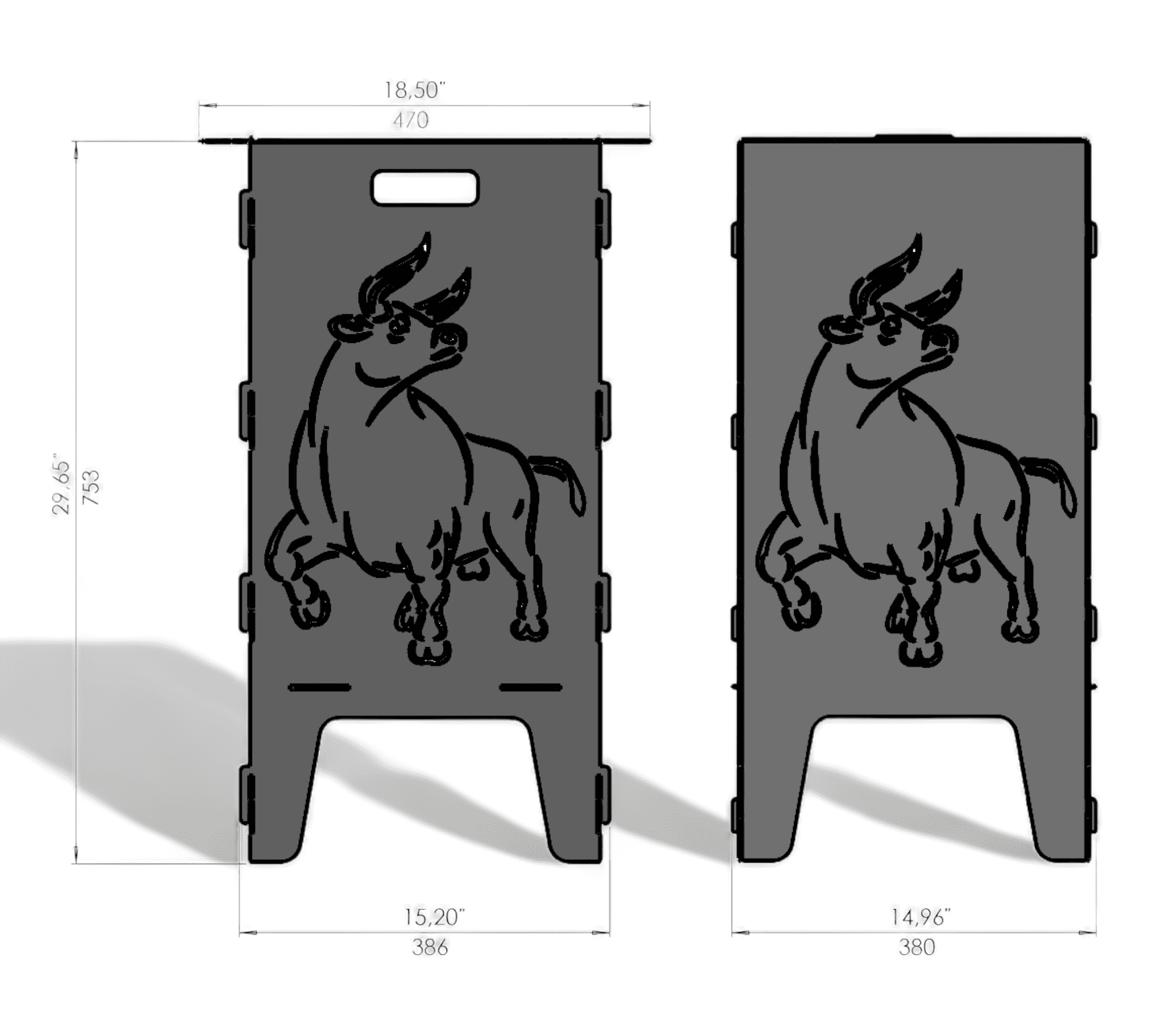 Zwei rechteckige Metallplatten mit einem eingelaserten Stier-Motiv in der Mitte, Grifföffnung oben, technische Maßangaben.
