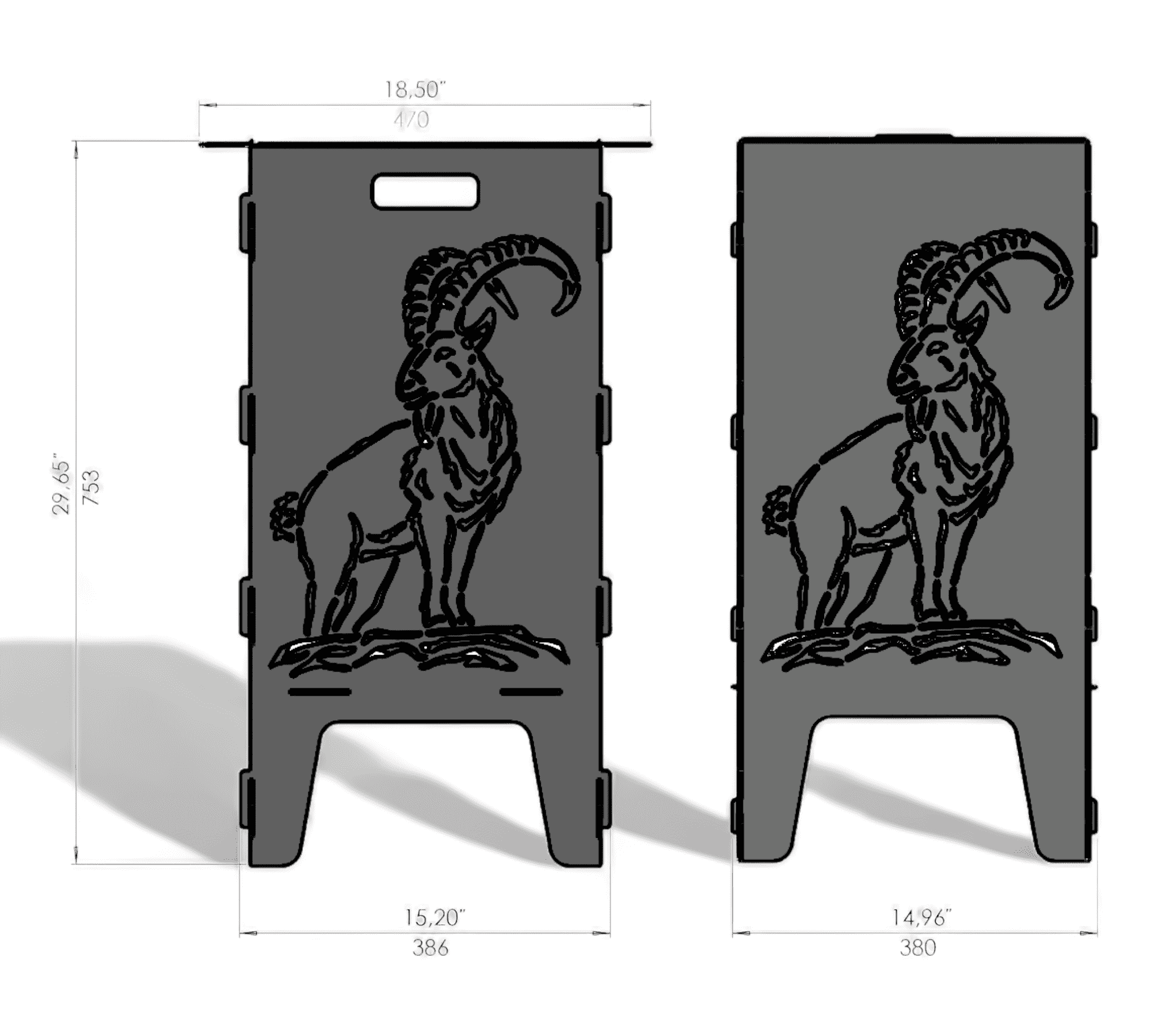 Zwei rechteckige Metallplatten mit ausgestanztem Wildziege-Motiv, Maße und Grifföffnung oben, Schattenwurf am Boden.