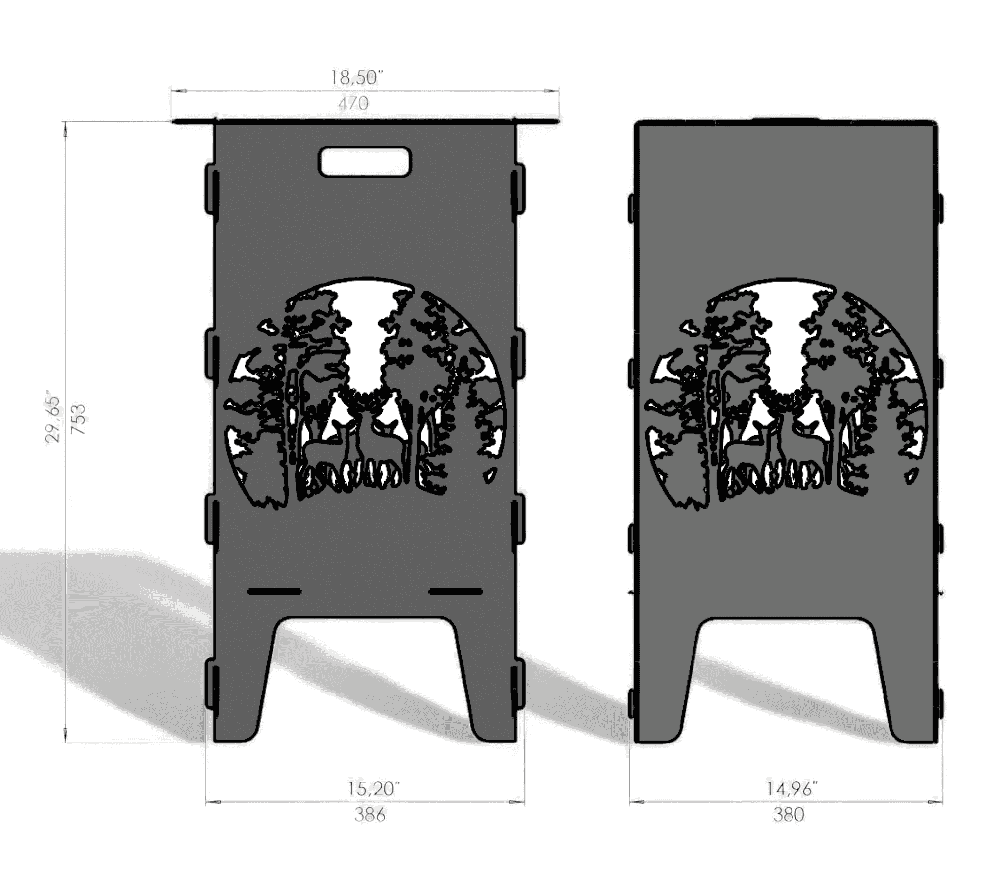 Zwei rechteckige Metallplatten mit ausgestanztem Waldmotiv, das Bäume und drei Hirsche zeigt, Maße und Grifföffnung erkennbar.