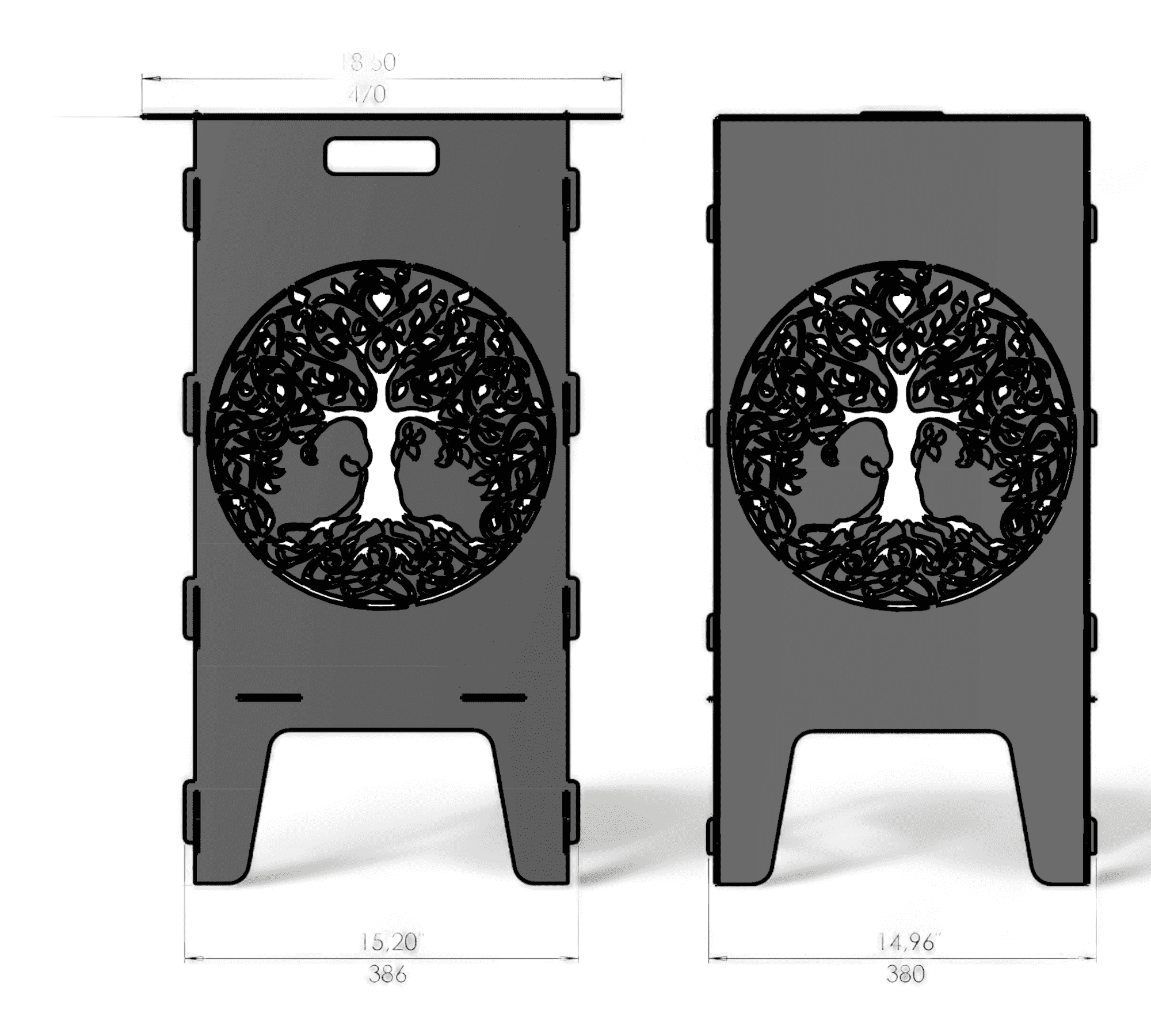 Zwei rechteckige, stehende Metallplatten mit ausgeschnittenem „Baum des Lebens“-Motiv in der Mitte. Oben ein rechteckiger Griff, unten ausgeschnittene Standfüße. Maße sind angegeben: Breite ca. 38–47 cm. Die Seitenansicht zeigt Einstecklaschen.