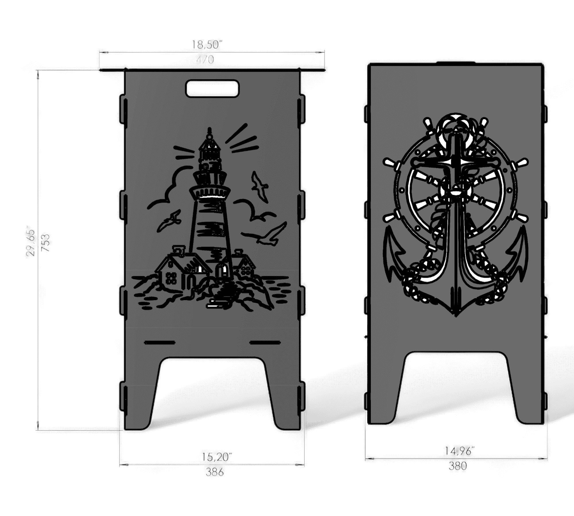 Links ist eine Metallplatte mit einem ausgeschnittenen Leuchtturm, Möwen, Häusern und Wellen. Rechts ist eine Platte mit einem großen Anker und Steuerrad, beide mit dekorativen Details. Beide Platten haben Aussparungen an den Seiten, stehen auf Füßen und zeigen Maße in Zoll und Millimeter. Oben gibt es jeweils einen rechteckigen Ausschnitt, vermutlich als Griff. Die Motive sind im Schwarz-Weiß-Stil gehalten.