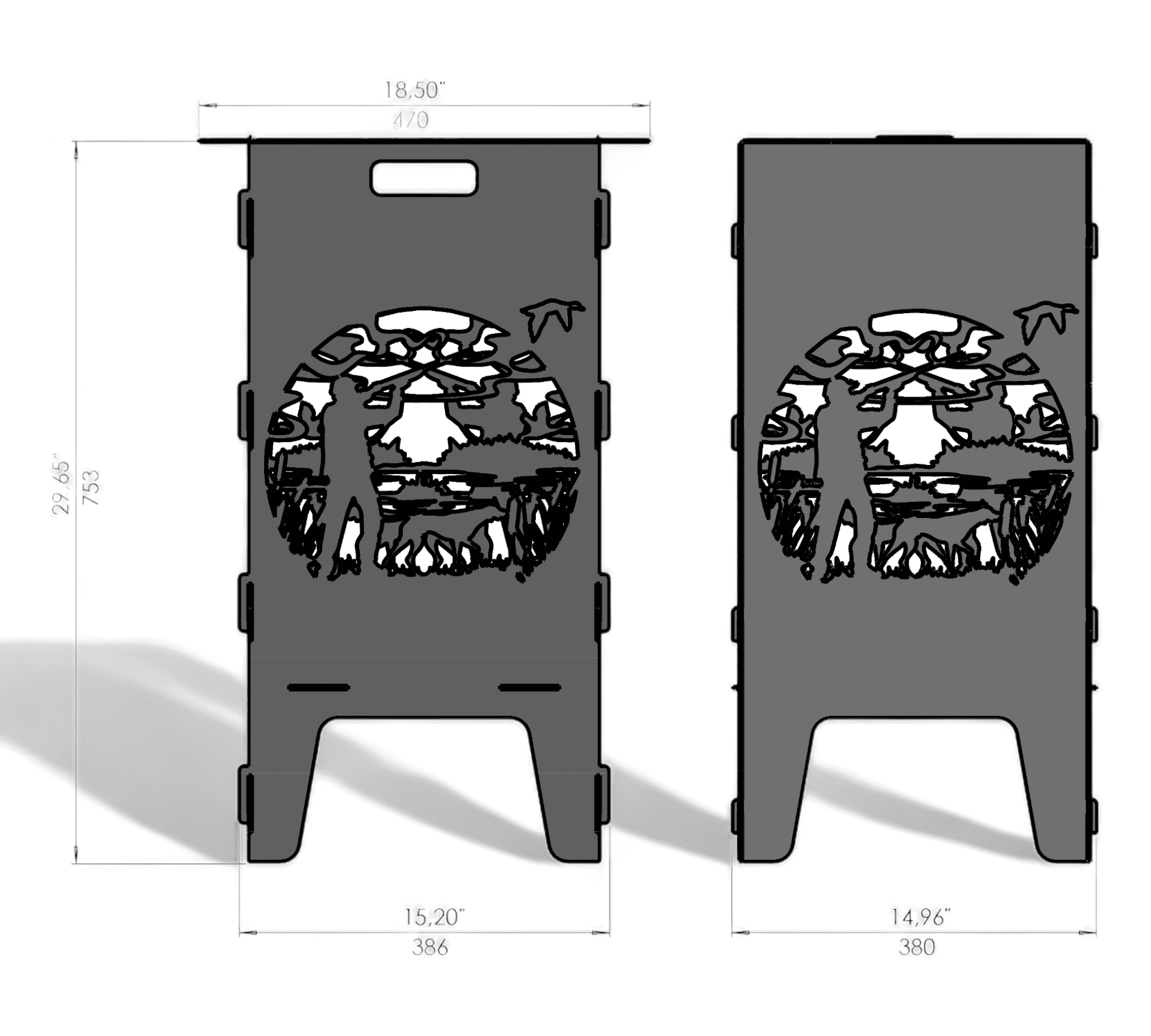 Zwei rechteckige Metallplatten mit ausgestanztem Jagdmotiv: Jäger mit Gewehr, Hund, Bäume, Vögel, Maße und Grifföffnung.