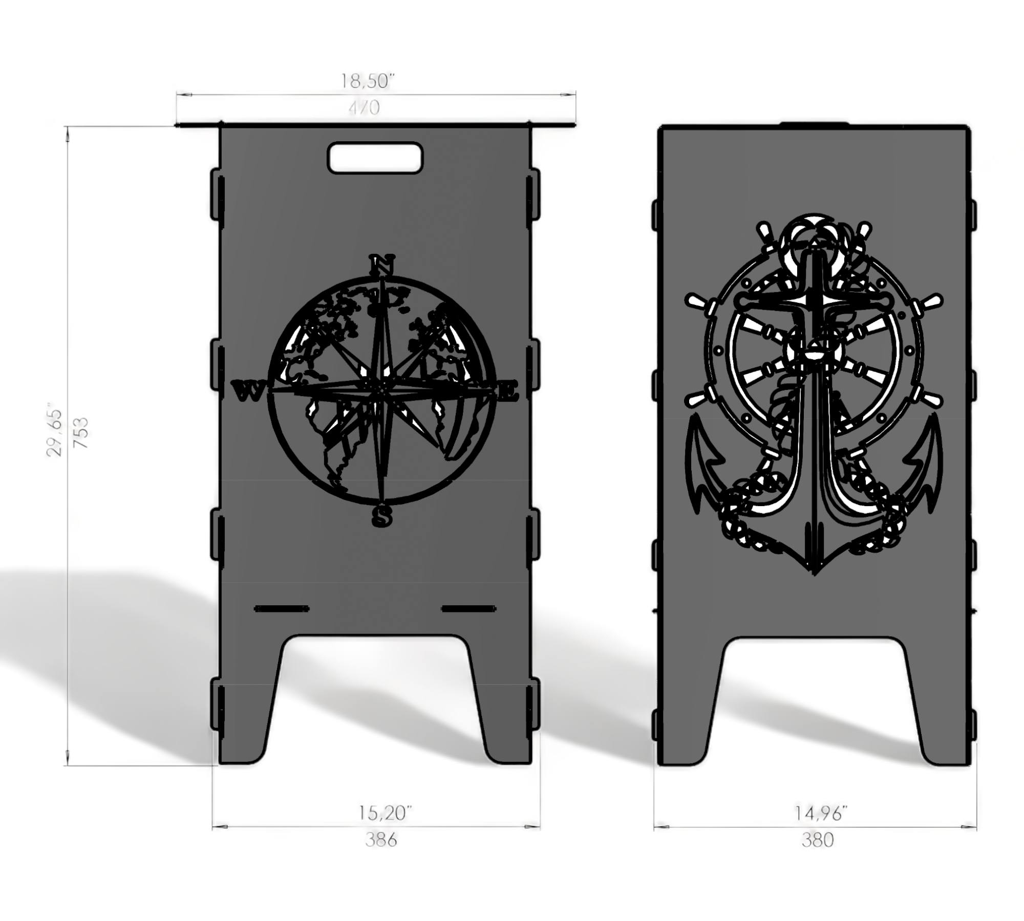 Feuertonne mit Grillrost - Kompass & Anker Motiv