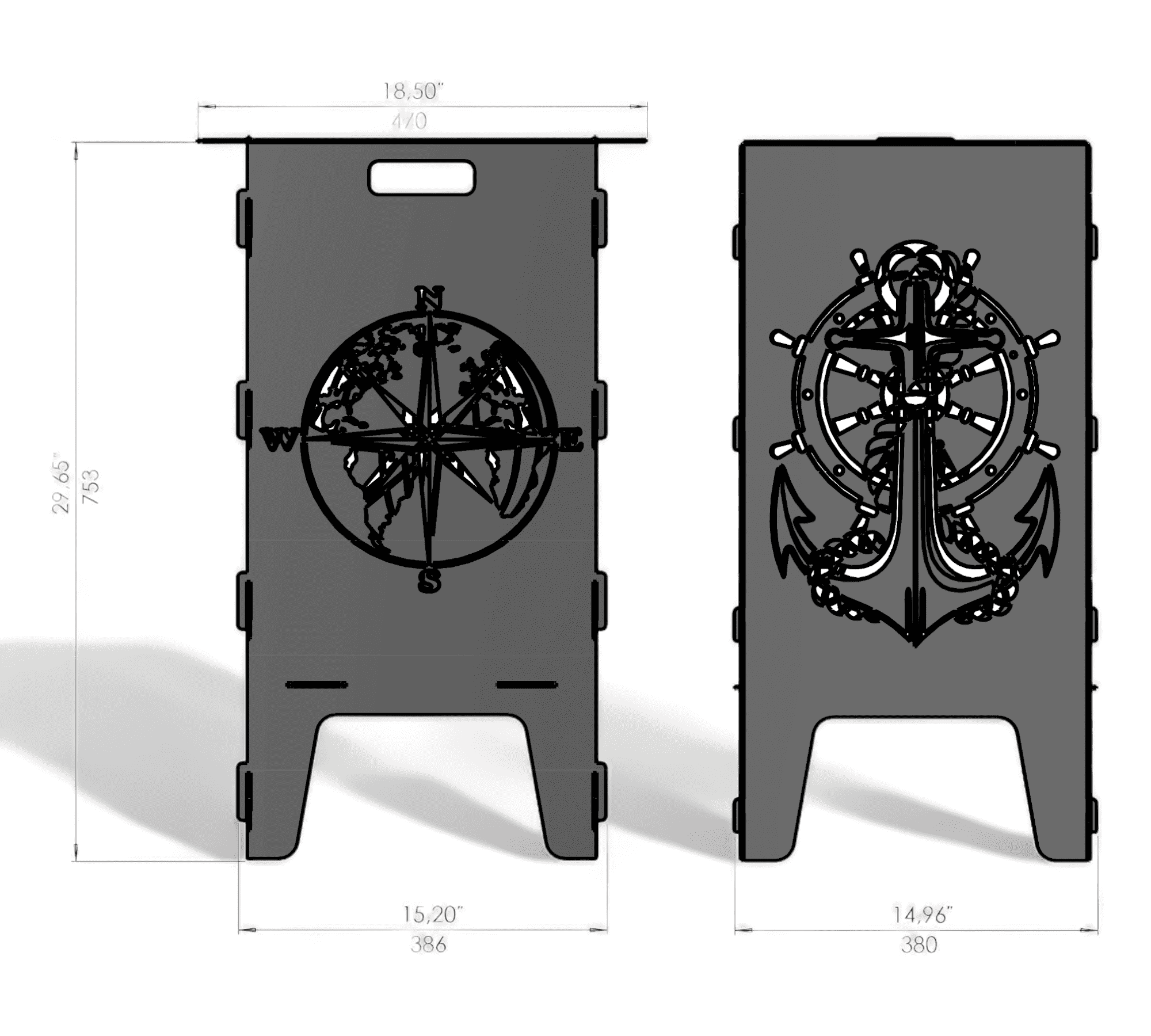 Feuertonne mit Grillrost - Kompass & Anker Motiv