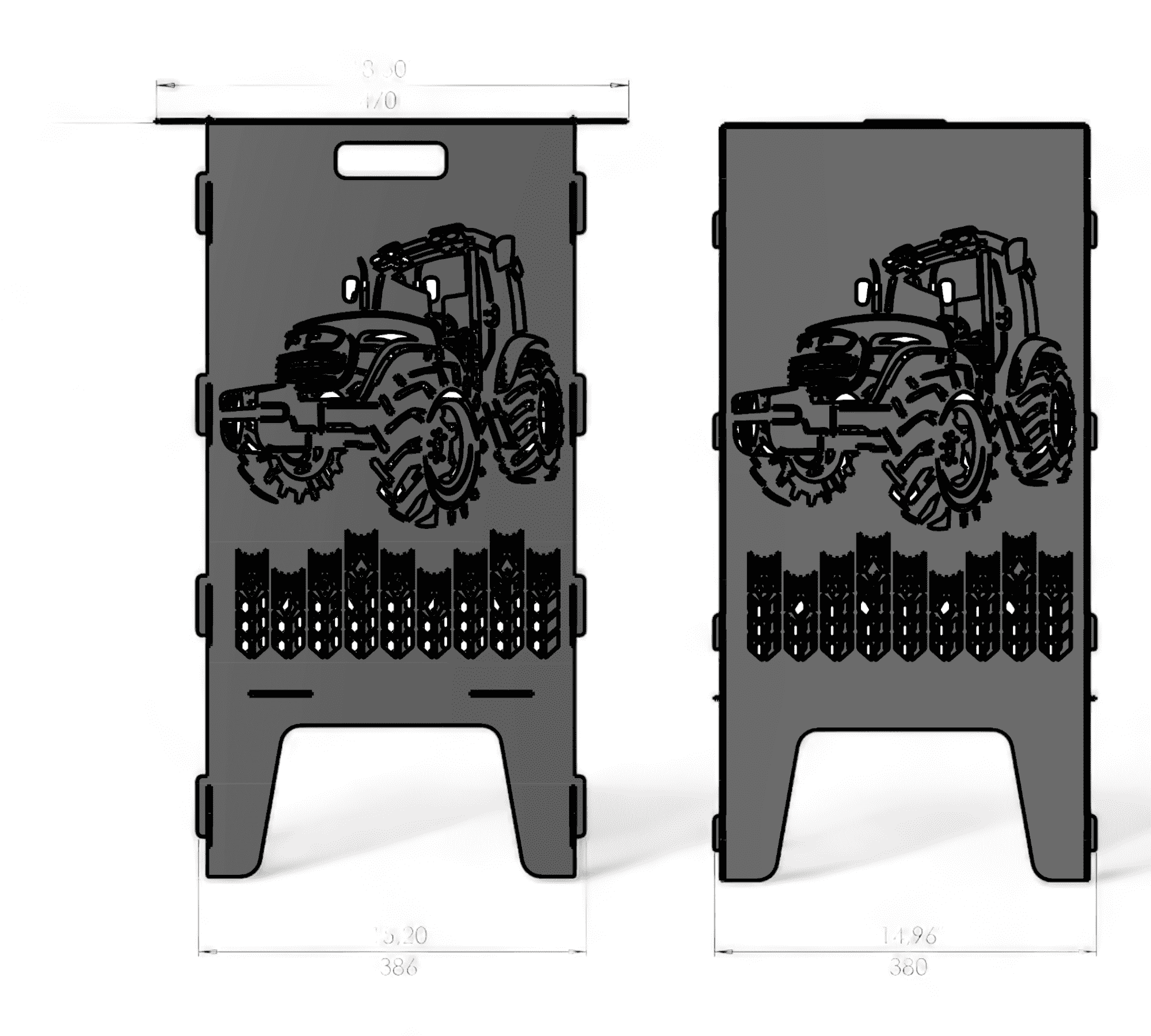 Zwei rechteckige Metallplatten mit ausgestanztem Traktor-Motiv, darunter Lüftungsschlitze; oben Grifföffnung. Maße an den Rändern.