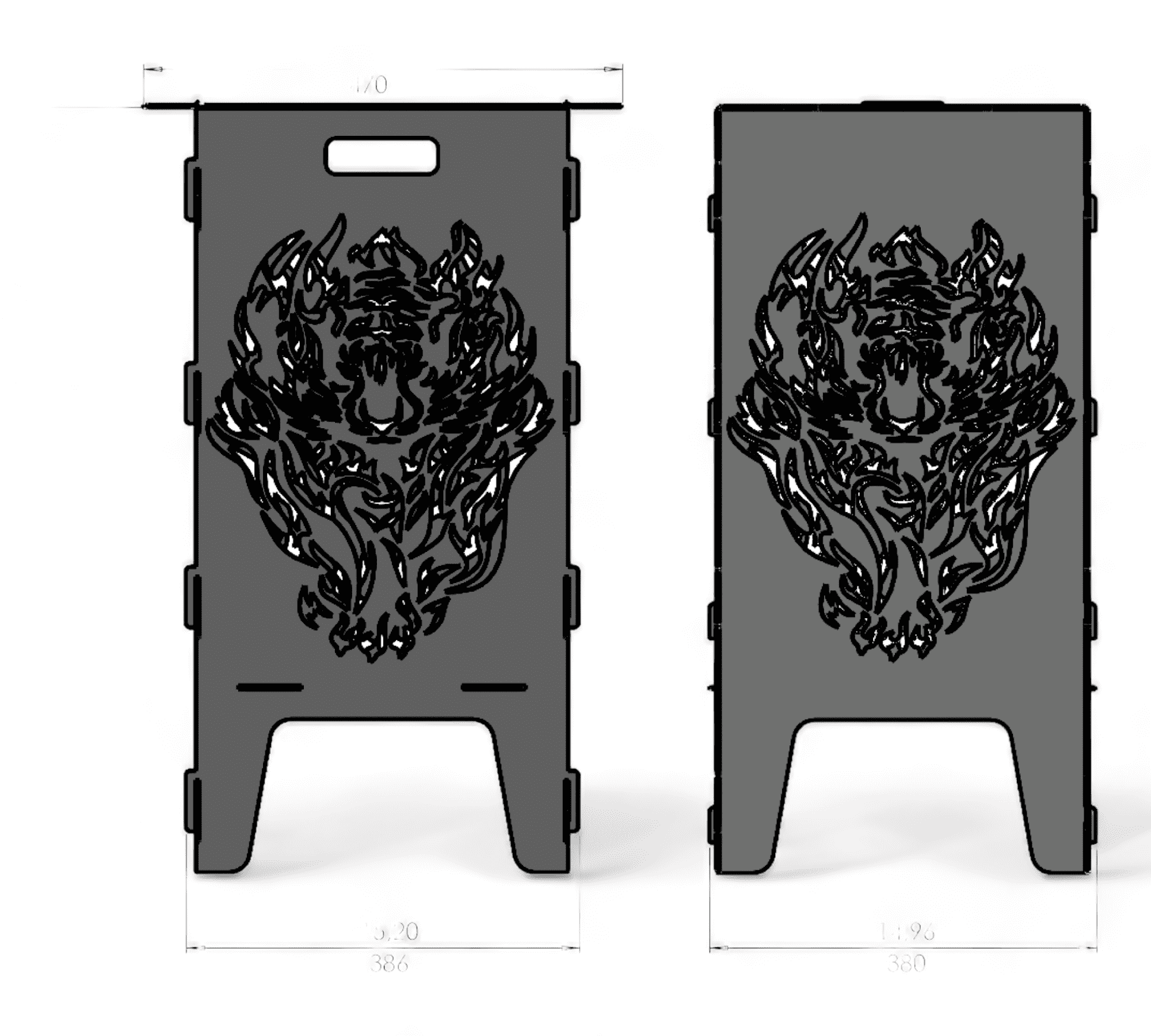 Zwei rechteckige, stehende Metallplatten mit ausgestanztem Tigerkopf-Motiv, das von stilisierten Flammen umgeben ist. Oben befindet sich ein Griffschlitz, unten sind breite Standfüße zu sehen. Maße sind teils sichtbar, die Platten wirken robust und sind wahrscheinlich Teil einer Feuertonne oder eines Grills.