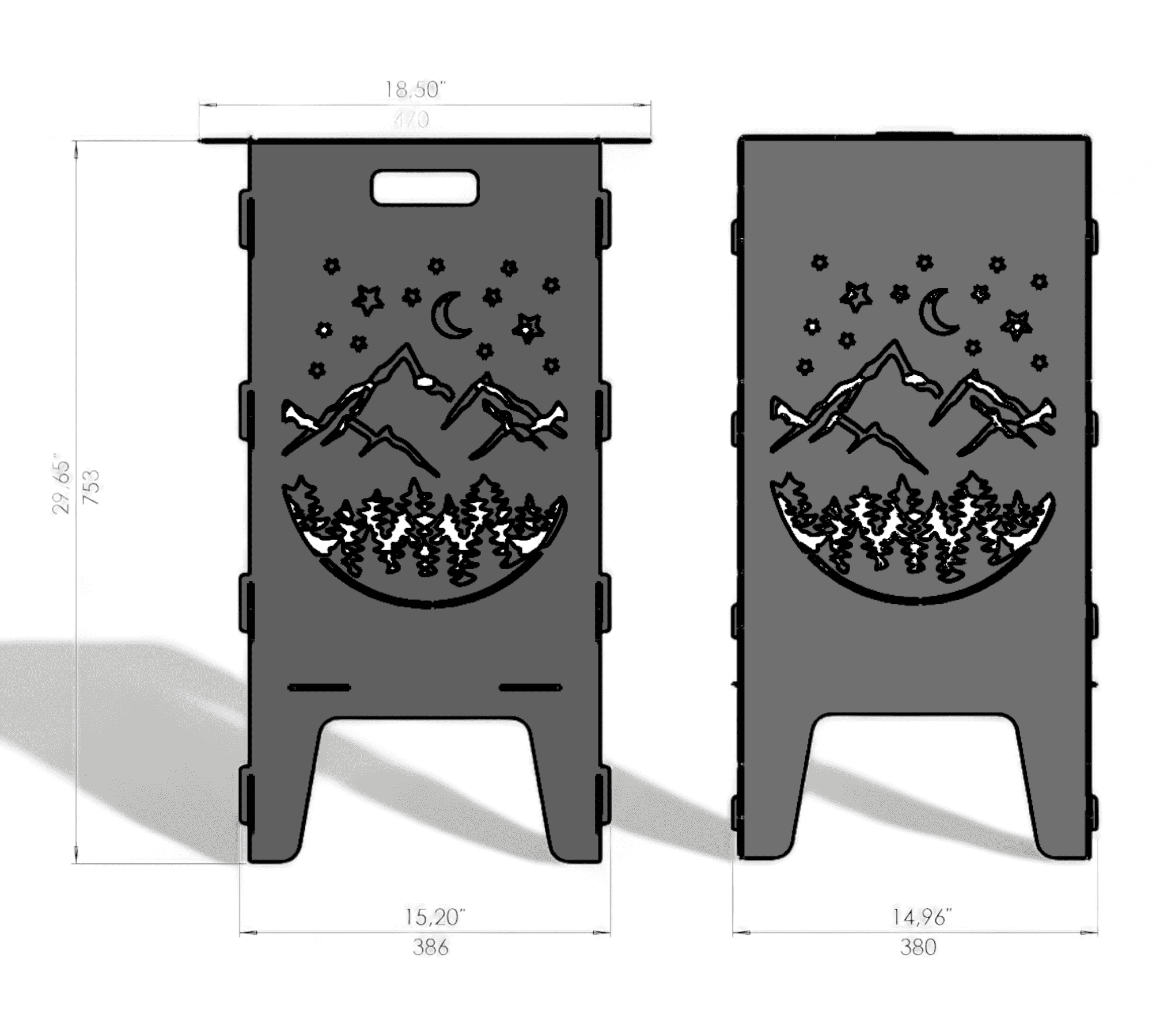 Zwei rechteckige Metallplatten mit ausgestanztem Bergmotiv, Bäumen, Sternen, Mond sowie Maßen und Grifföffnung oben.