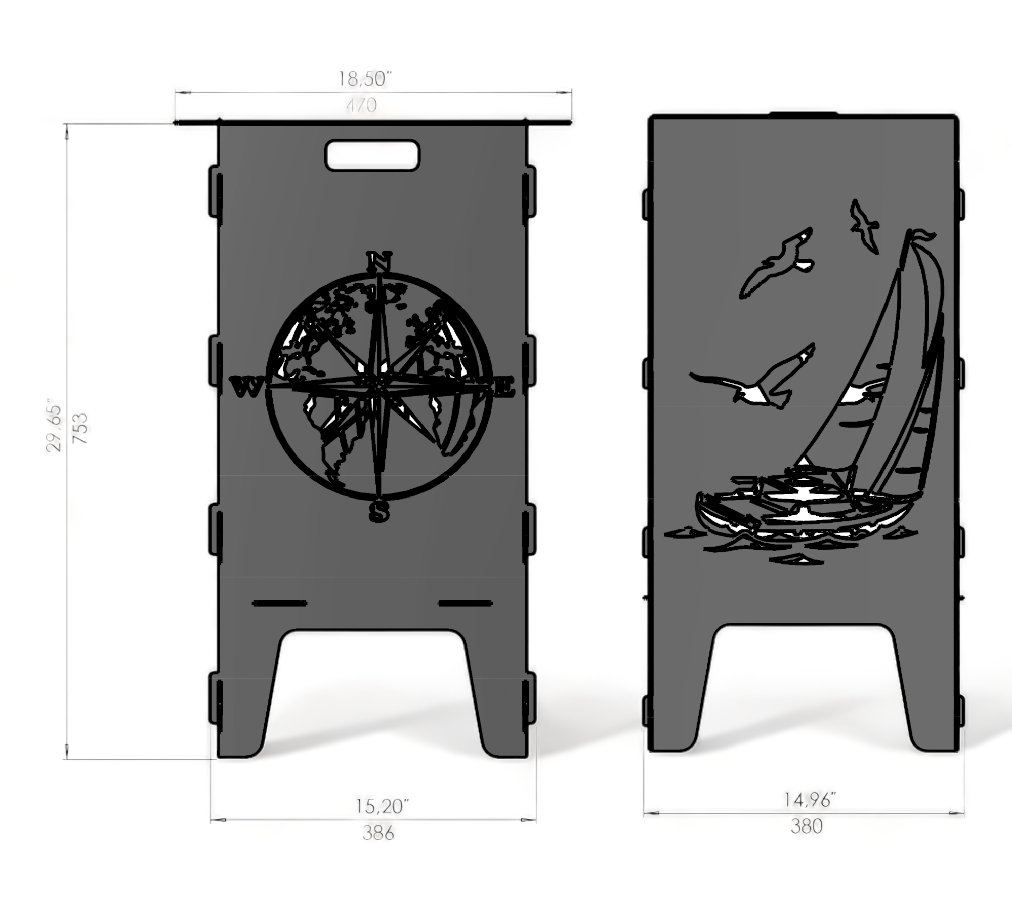 Feuertonne mit Grillrost - Kompass & Segelboot Motiv