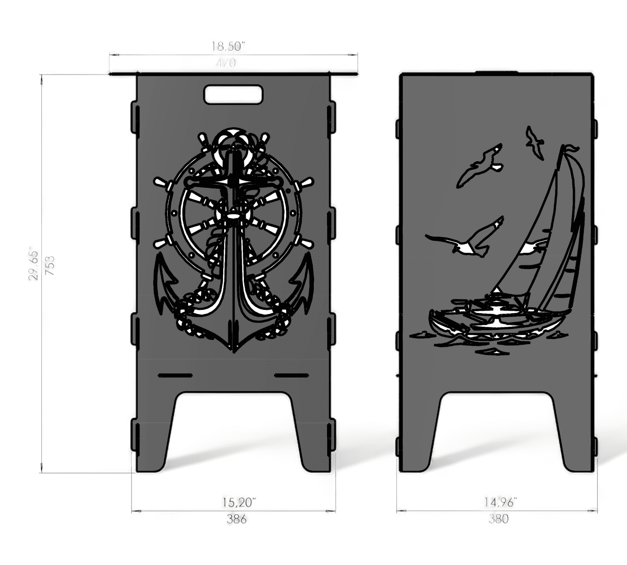 Links ist eine rechteckige Metallplatte mit ausgeschnittenem Anker, Steuerrad und Seilmotiv, oben Grifföffnung; daneben eine Platte mit Segelboot, Wellen und fliegenden Möwen, beide mit Steckverbindungen an den Seiten und Maßangaben in Zoll und Millimeter.