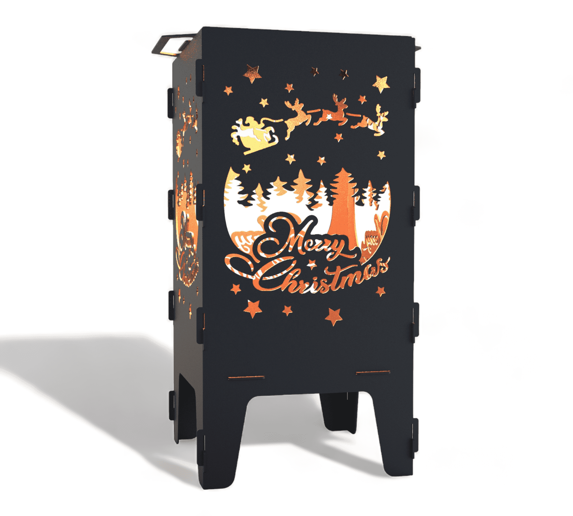 Ein rechteckige Feuertonne aus Metall mit Grillrost und weihnachtlichem Motiv; „Merry Christmas“, Sterne, Bäume, Schlitten mit Rentieren.