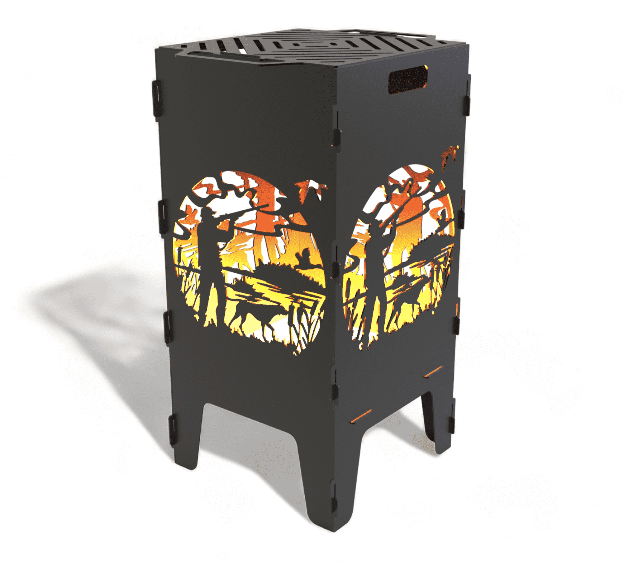 Ein schwarzer, rechteckiger Feuertonnen-Ofen mit Grillrost; Seiten zeigen ausgestanztes Jagdmotiv mit Jäger, Hund und Wald.