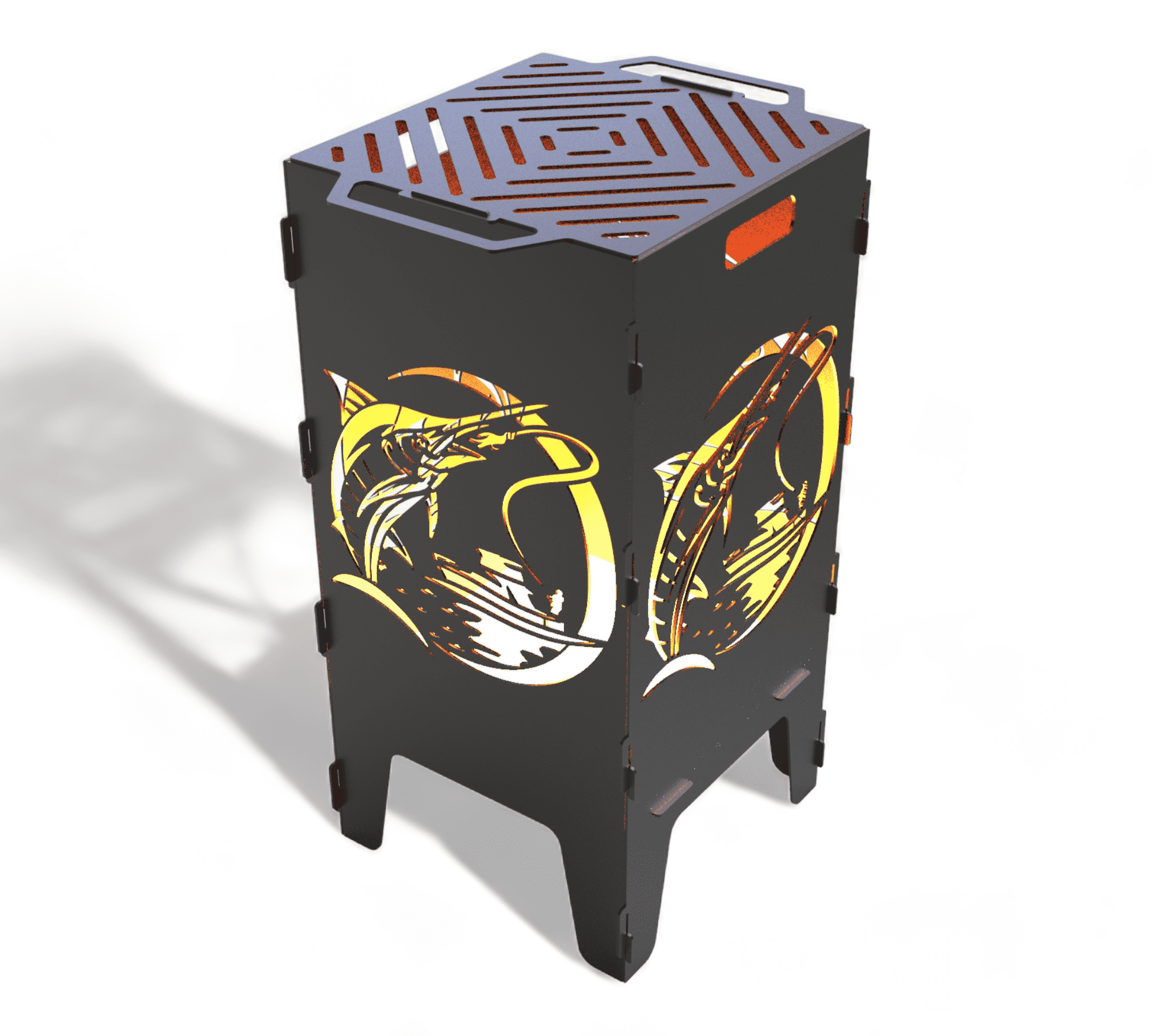 Ein hoher, rechteckiger Feuertonne aus Metall mit ausgeschnittenem Angel- und Fischmotiv an den Seiten, oben ein Grillrost.