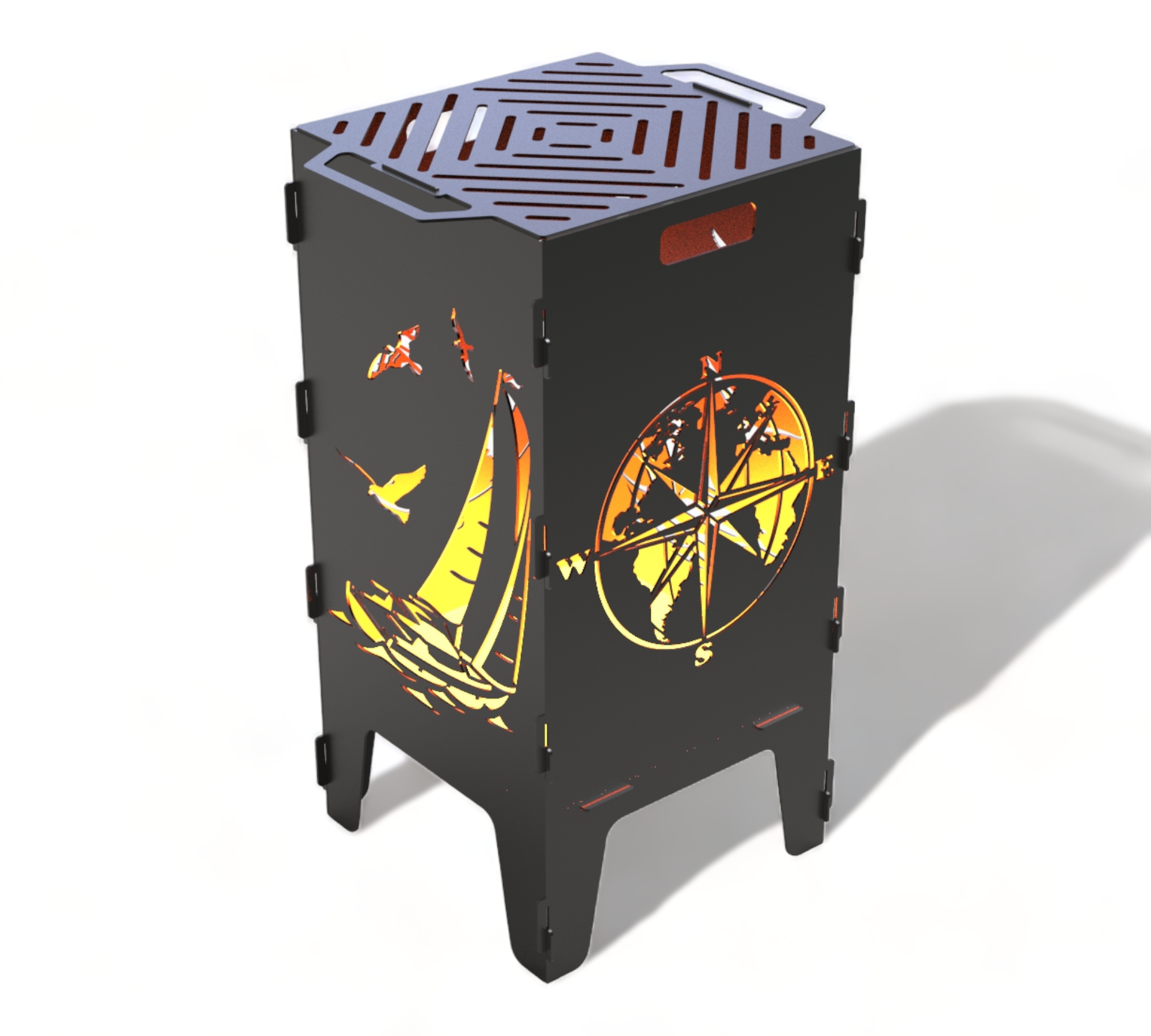 Feuertonne mit Grillrost - Kompass & Segelboot Motiv