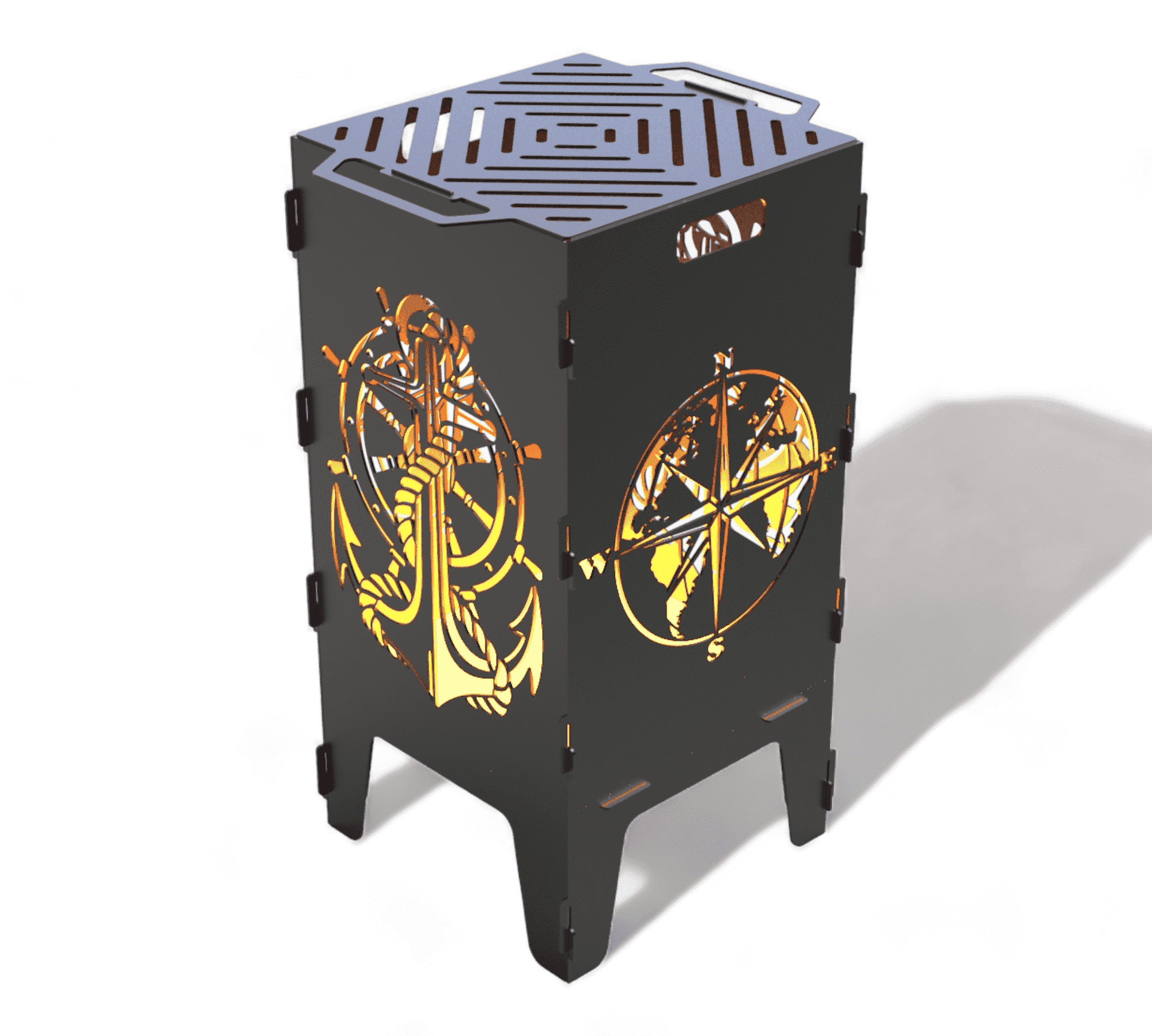 Das Bild zeigt eine eckige, schwarze Feuertonne aus Metall mit ausgeschnittenen Motiven eines Ankers mit Seil und einer Kompassrose. Oben befindet sich ein Grillrost mit geometrischem Muster. Die Feuertonne steht auf vier Beinen und hat seitliche Tragegriffe. Durch die Motivausschnitte scheint ein warmes Licht oder Flammenschein, was auf eine Nutzung als Feuerstelle hindeutet.