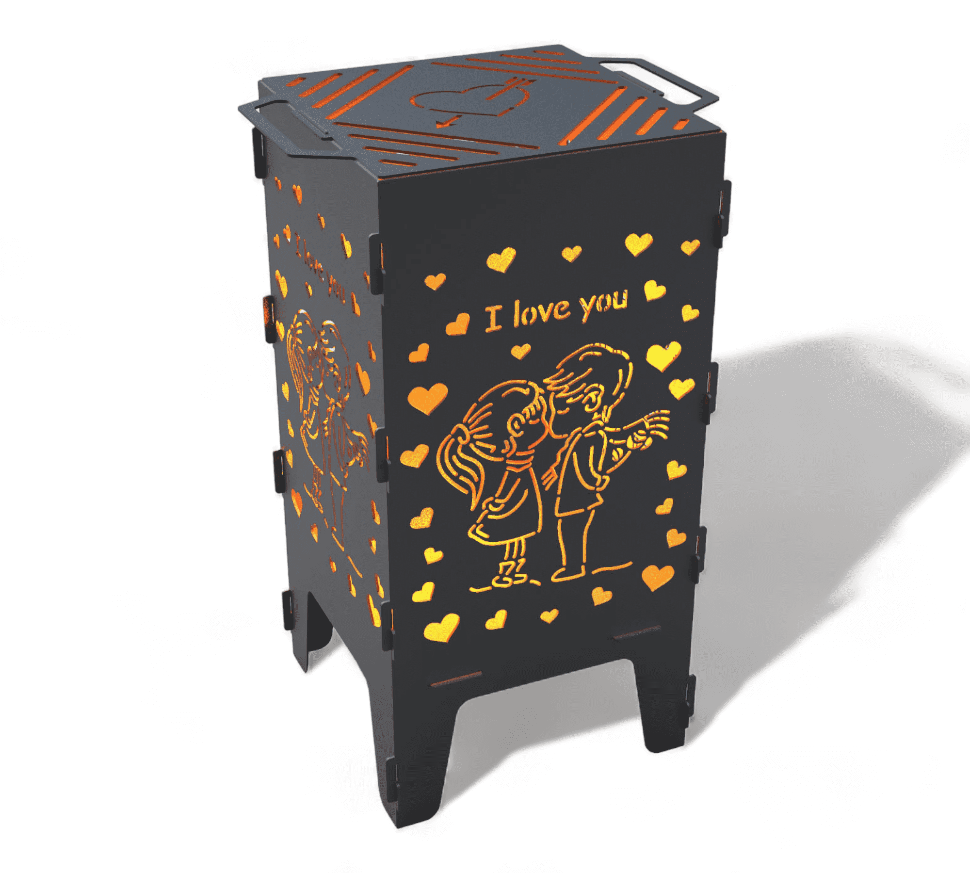 Auf dem Bild ist eine schwarze Feuertonne mit Grillrost zu sehen. Die Seitenwände zeigen ein ausgestanztes Motiv: Ein Junge und ein Mädchen stehen sich gegenüber, umgeben von vielen kleinen und größeren ausgestanzten Herzen. Oberhalb der Figuren steht der Text "I love you". Der Grillrost auf der Oberseite hat ebenfalls ein Herzmotiv eingestanzt. Die Feuertonne steht auf vier Beinen und erzeugt durch die Ausschnitte einen leuchtenden Effekt.
