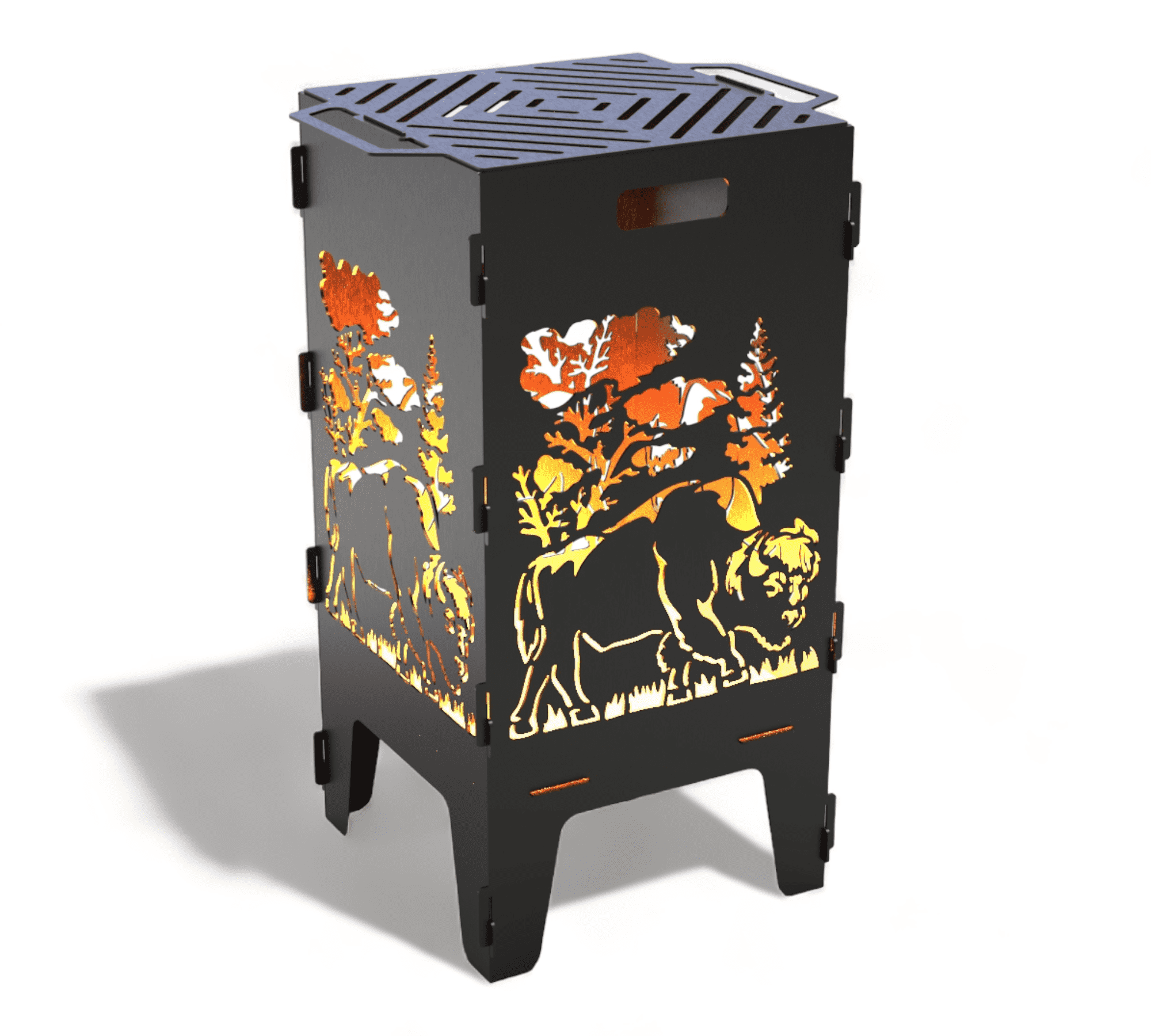 Eine schwarze Feuertonne aus Metall mit Grillrost, darauf eingraviertes Bison-Motiv, Bäume und Landschaftsszene sichtbar.