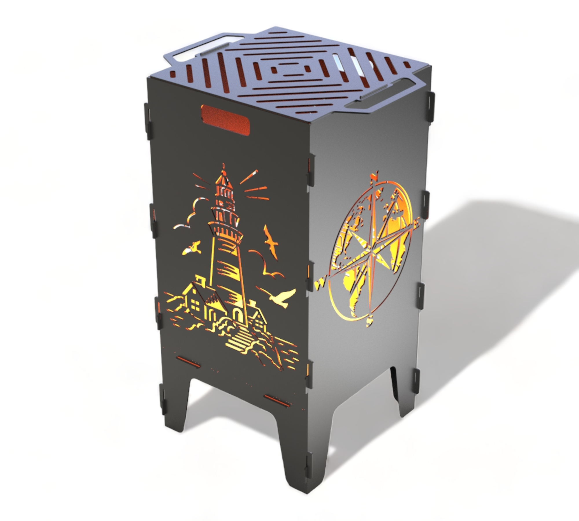 Feuertonne mit Grillrost - Leuchtturm & Kompass Motiv