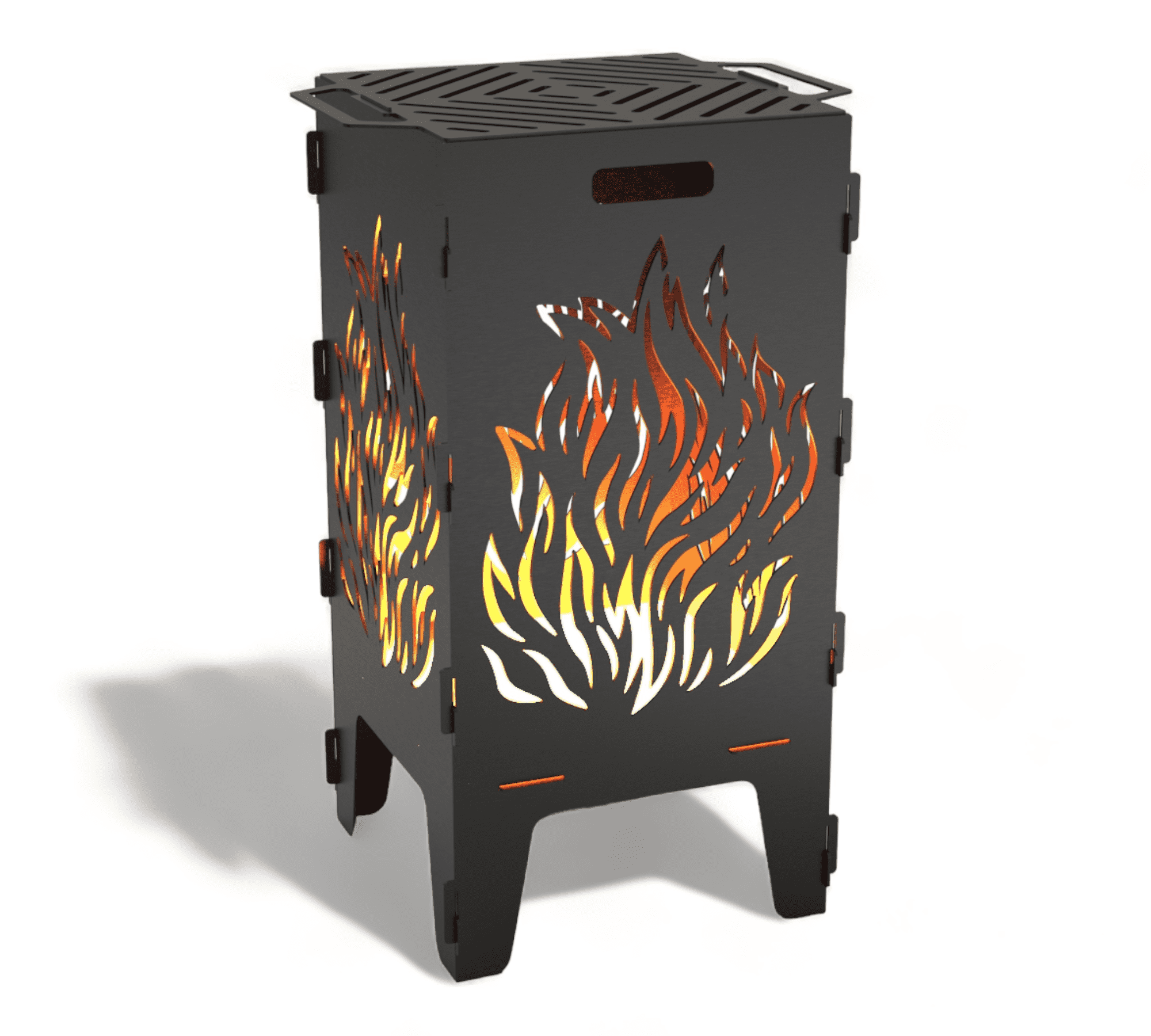 Ein schwarzer Metall-Feuertonne mit Grillrost auf der Oberseite, ausgestanzt mit einem bunten Feuer-Motiv an den Seiten.