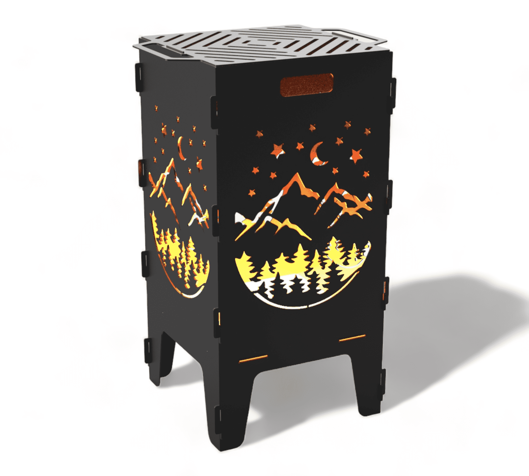 Auf dem Bild ist eine schwarze Feuertonne mit Grillrost zu sehen. Die Tonne steht auf vier Beinen und hat ein ausgeschnittenes Motiv mit Bergen, Tannenbäumen, Sternen und einem Halbmond. Das ausgeschnittene Motiv lässt Licht oder Feuer durchscheinen, sodass das Muster besonders auffällig ist. Obenauf befindet sich ein abnehmbarer Grillrost mit diagonalen Schlitzen, der zum Grillen verwendet werden kann. Die Feuertonne wirkt robust und dekorativ, ideal für den Außenbereich.