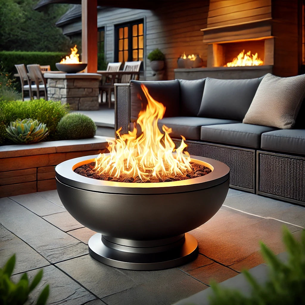 Hochwertige Metall-Feuerstelle mit matter Oberfläche auf einer stilvollen Terrasse, umgeben von Natursteinen und einer gemütlichen Sitzgruppe. Perfekt für langlebige und stilvolle Outdoor-Wärme.