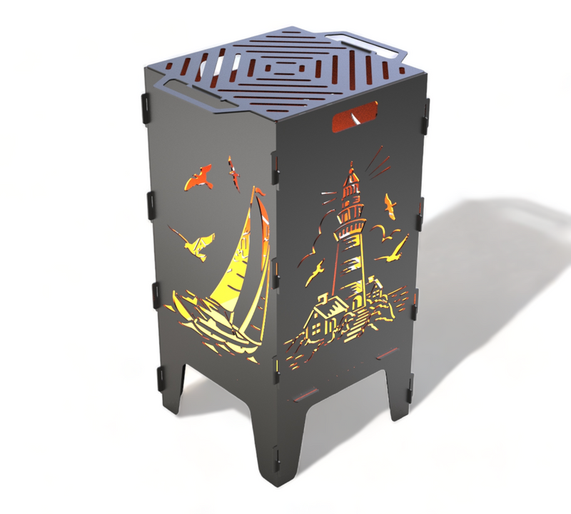 Feuertonne mit Grillrost -  Leuchtturm & Segelboot Motiv
