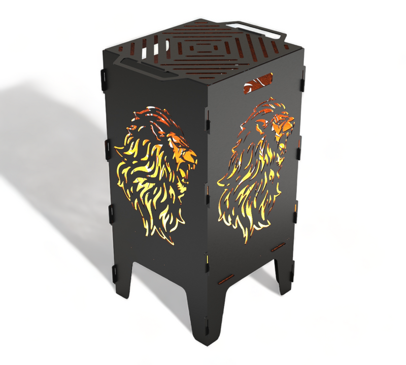 Feuertonne mit Grillrost -  Löwe Motiv